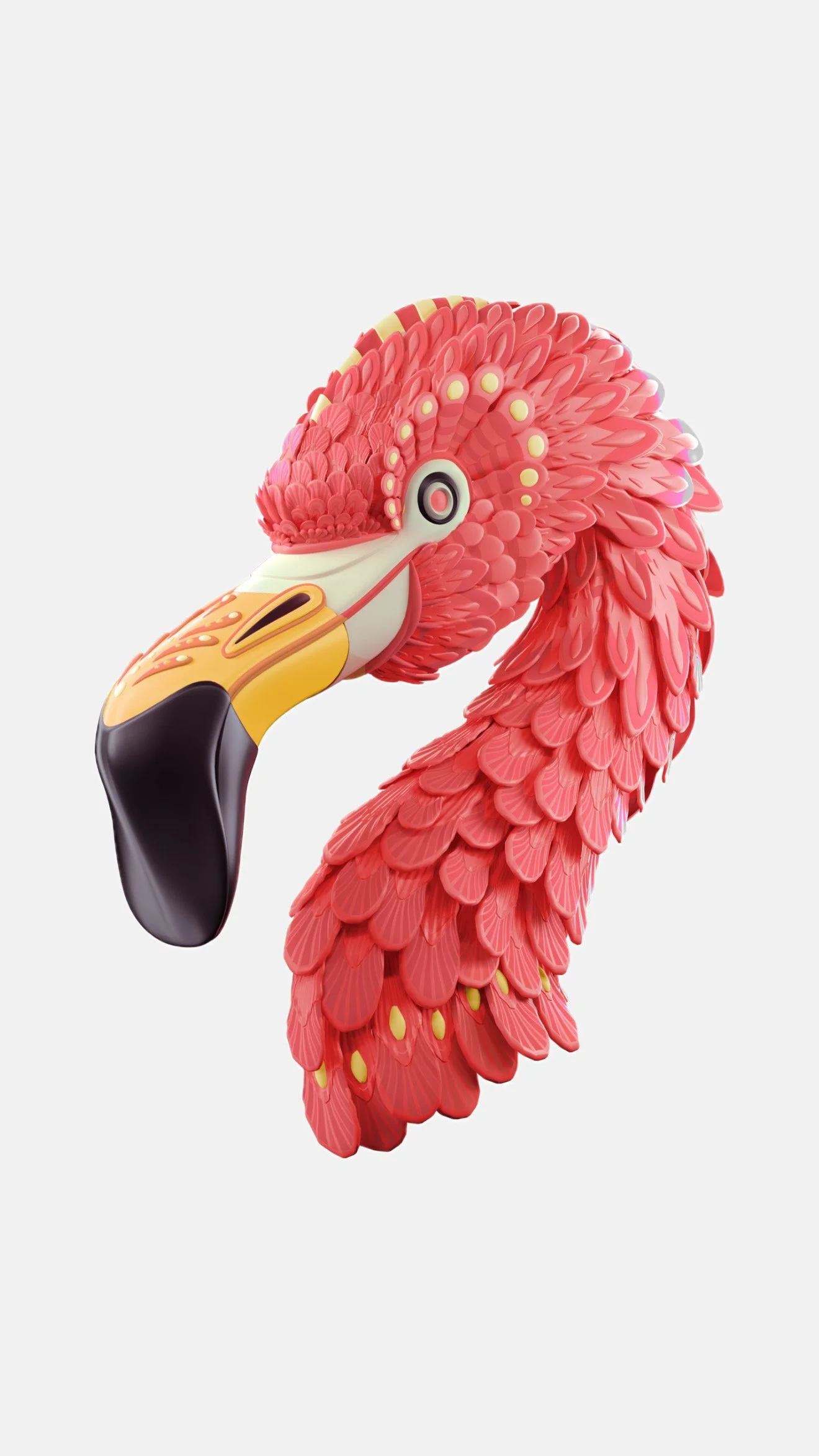 Illustration of a pink cartoon flamingo with detailed feathers and a large black beak positioned against a plain gray background.