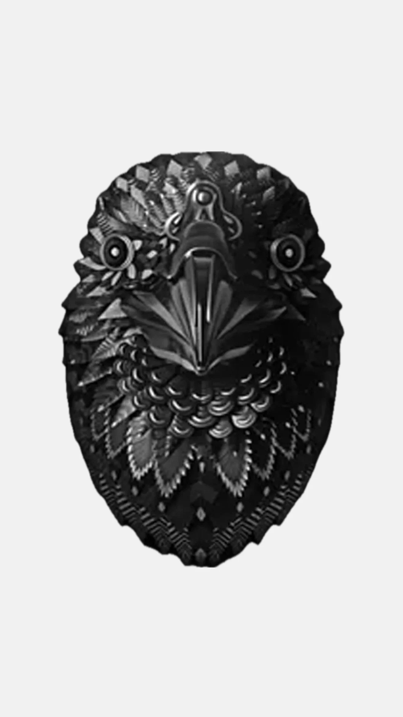 Black and white illustration of a bald eagle's face, with detailed feathers.