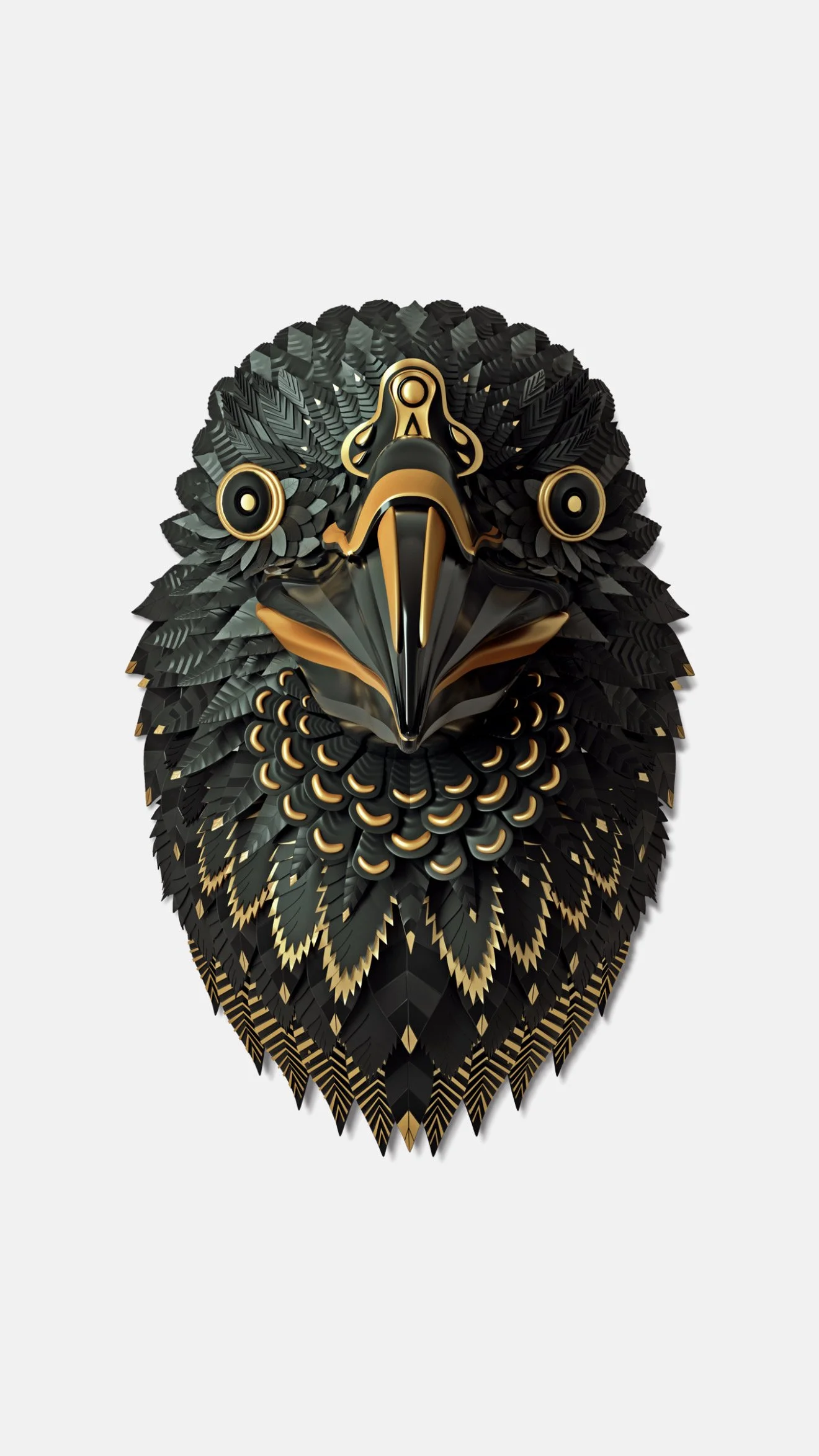 Decorative black and gold eagle mask with intricate feather and beak design.