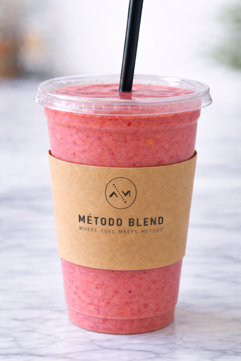 A pink smoothie in a clear plastic cup with a black straw and a brown paper sleeve that reads "MÉTODO BLEND," placed on a marble surface.