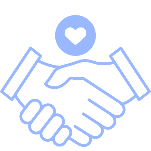 Outline of two hands shaking with a heart symbol above.