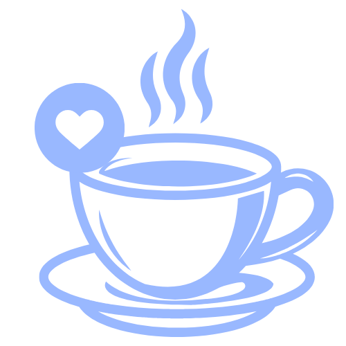 Line drawing of a steaming coffee cup on a saucer with a heart-shaped decoration on the cup's handle.