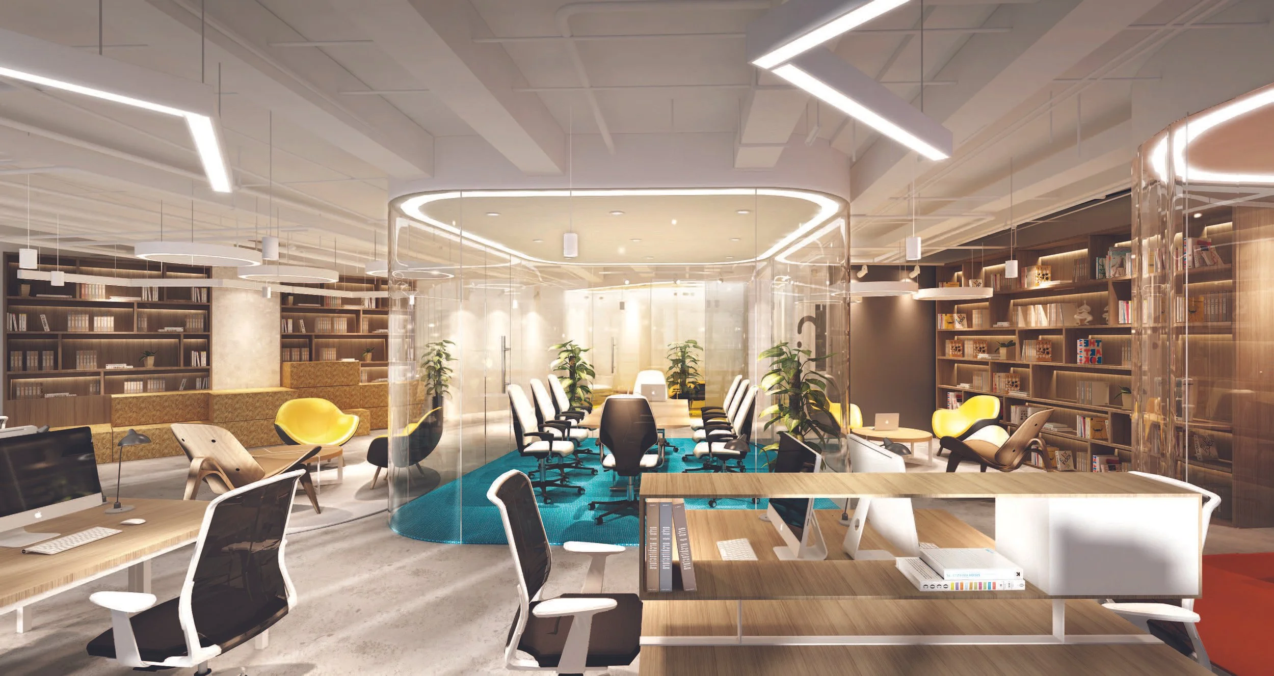 Modern office space with desks, chairs, bookshelves, yellow lounge chairs, and a conference room with a glass wall.