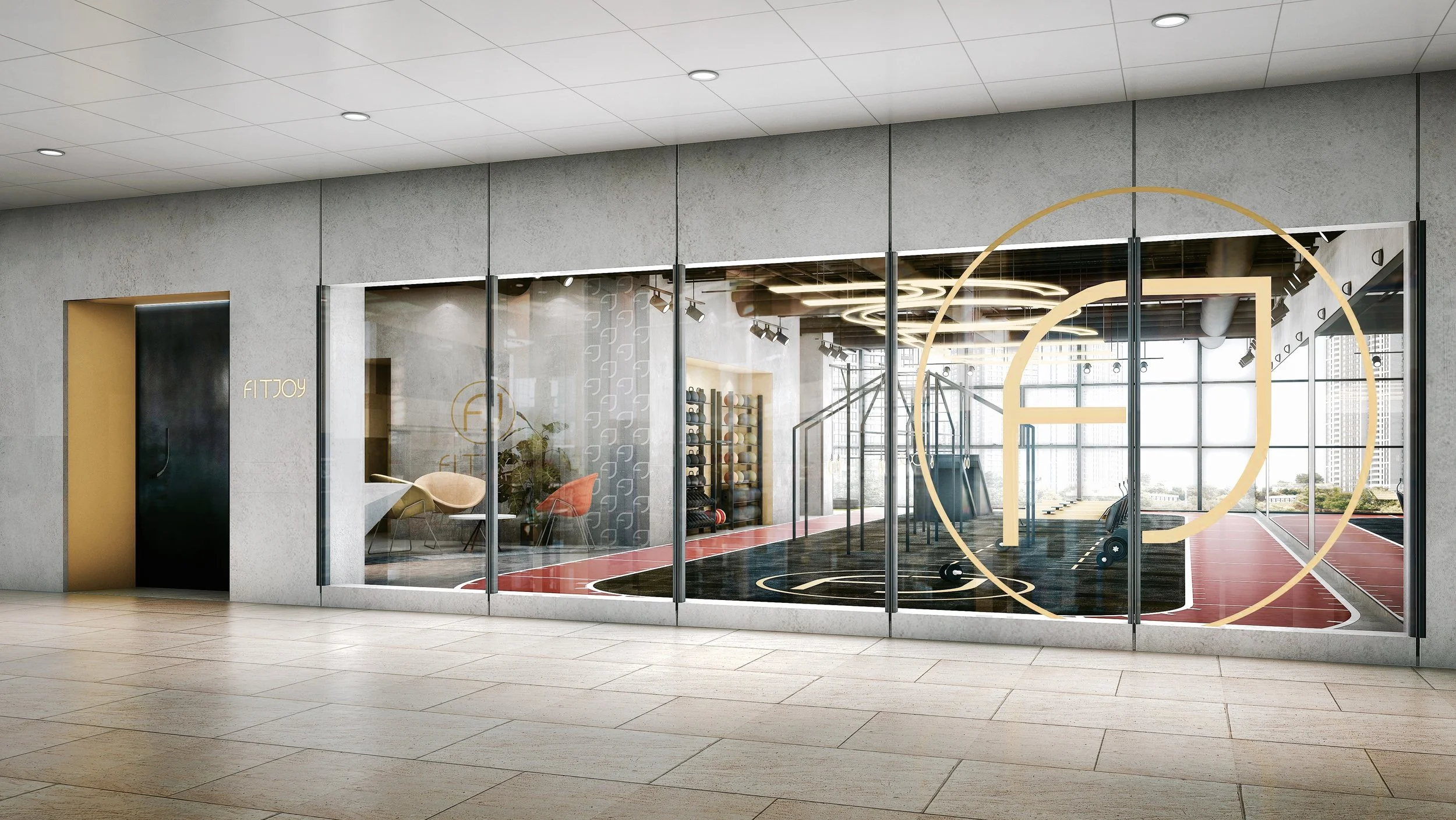 Modern fitness gym with glass walls, workout equipment, and a basketball court inside, located in a high-rise building with city views.