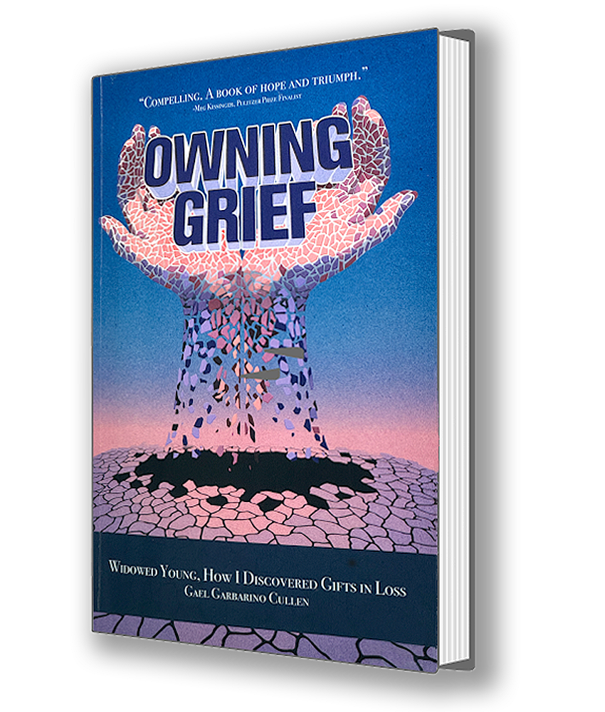 Book cover titled "Owning Grief" featuring a mosaic-style illustration of a hand holding a broken, mosaic-like structure, with a sunset or sunrise background.