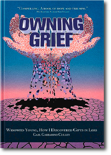 Book cover titled 'Owning Grief' with an illustration of a large, mosaic-style hand with a crack in the palm, rising from a cracked ground.