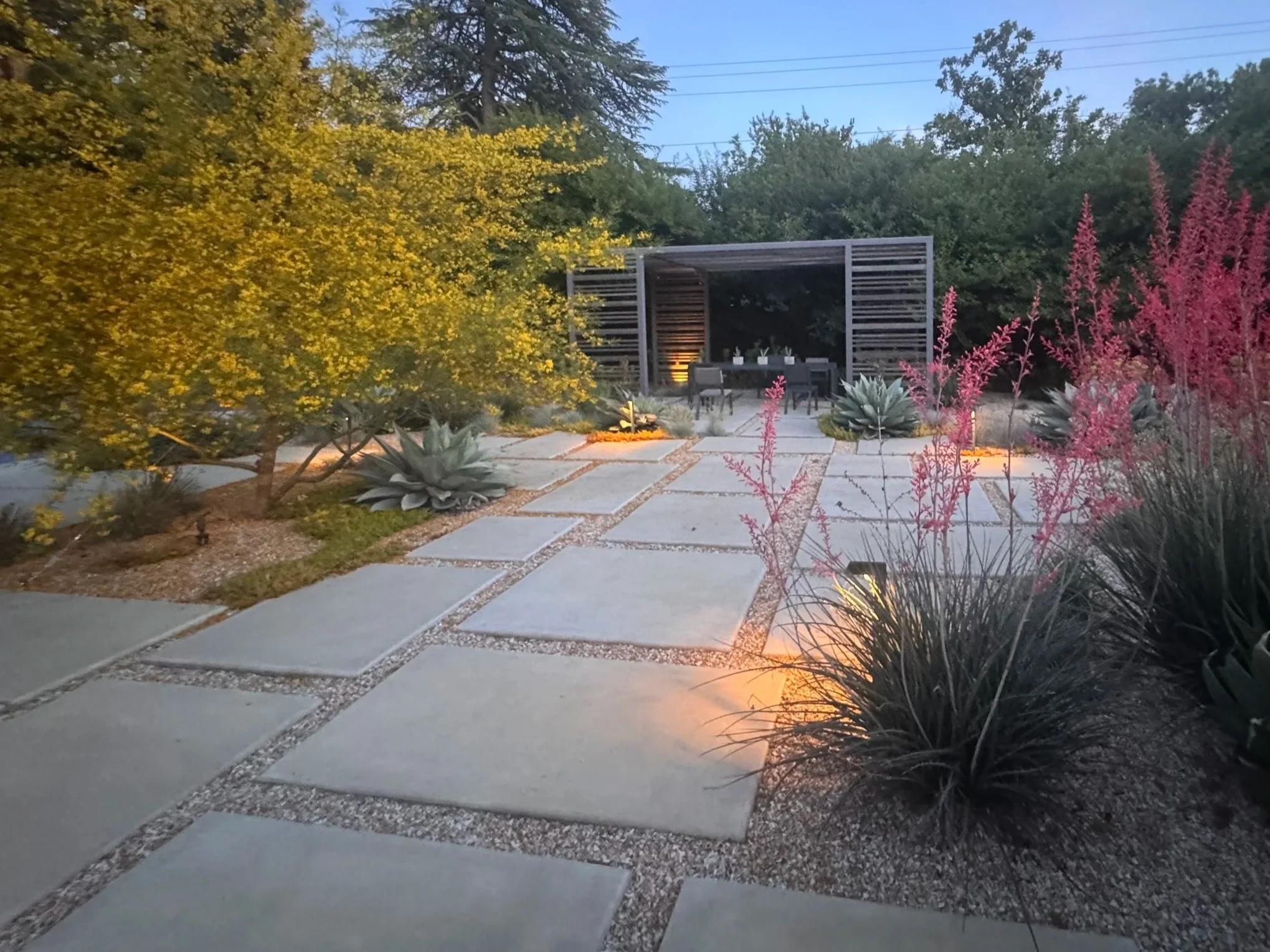 A modern backyard patio with large stone pavers, desert plants, and a seating area under a wooden pergola, illuminated by small ground lights at dusk.