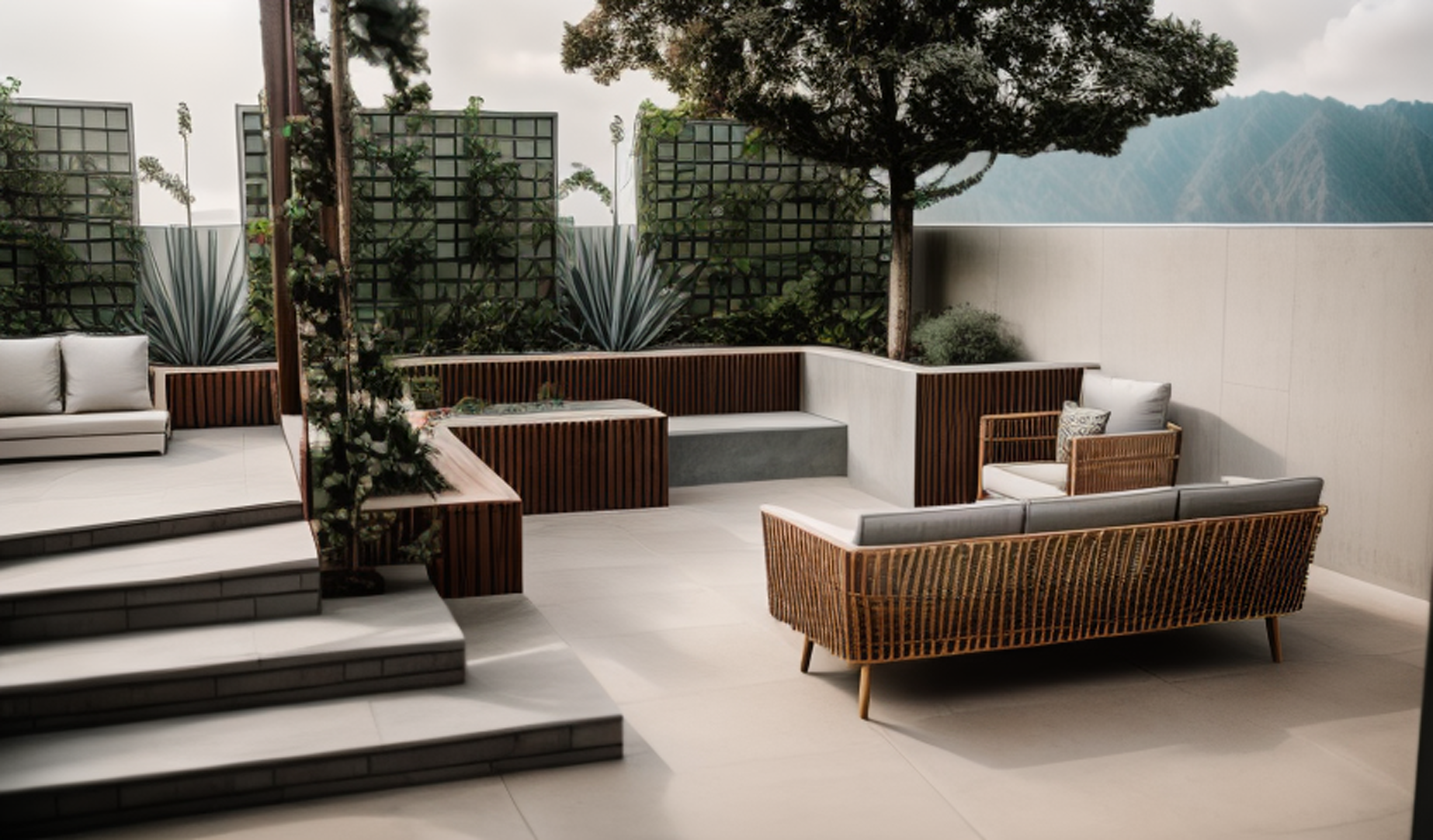Outdoor patio with modern furniture, including a rattan sofa and chairs with cushions, potted plants, and a mountain view in the background.