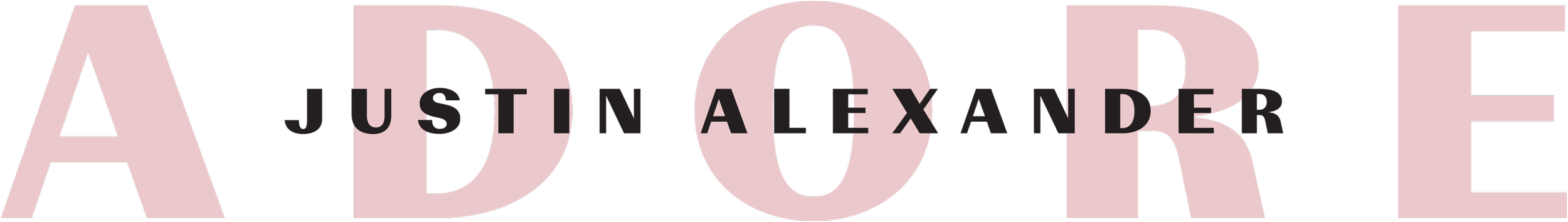 Logo del álbum 'Adore' de Justin Alexander con letras grandes en color rosa y el título en negro.