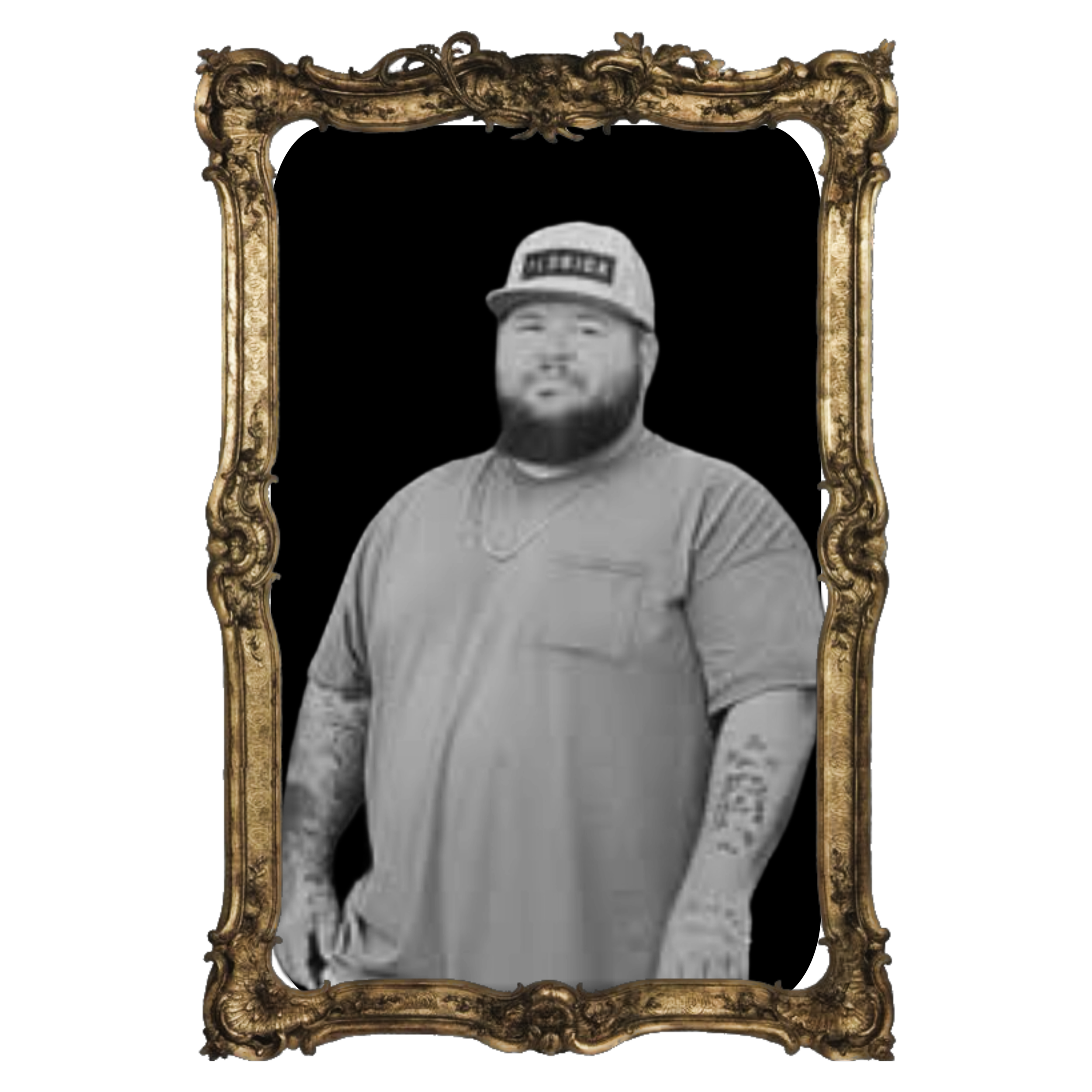 Black and white photo of a man with a baseball cap inside an ornate gold frame.
