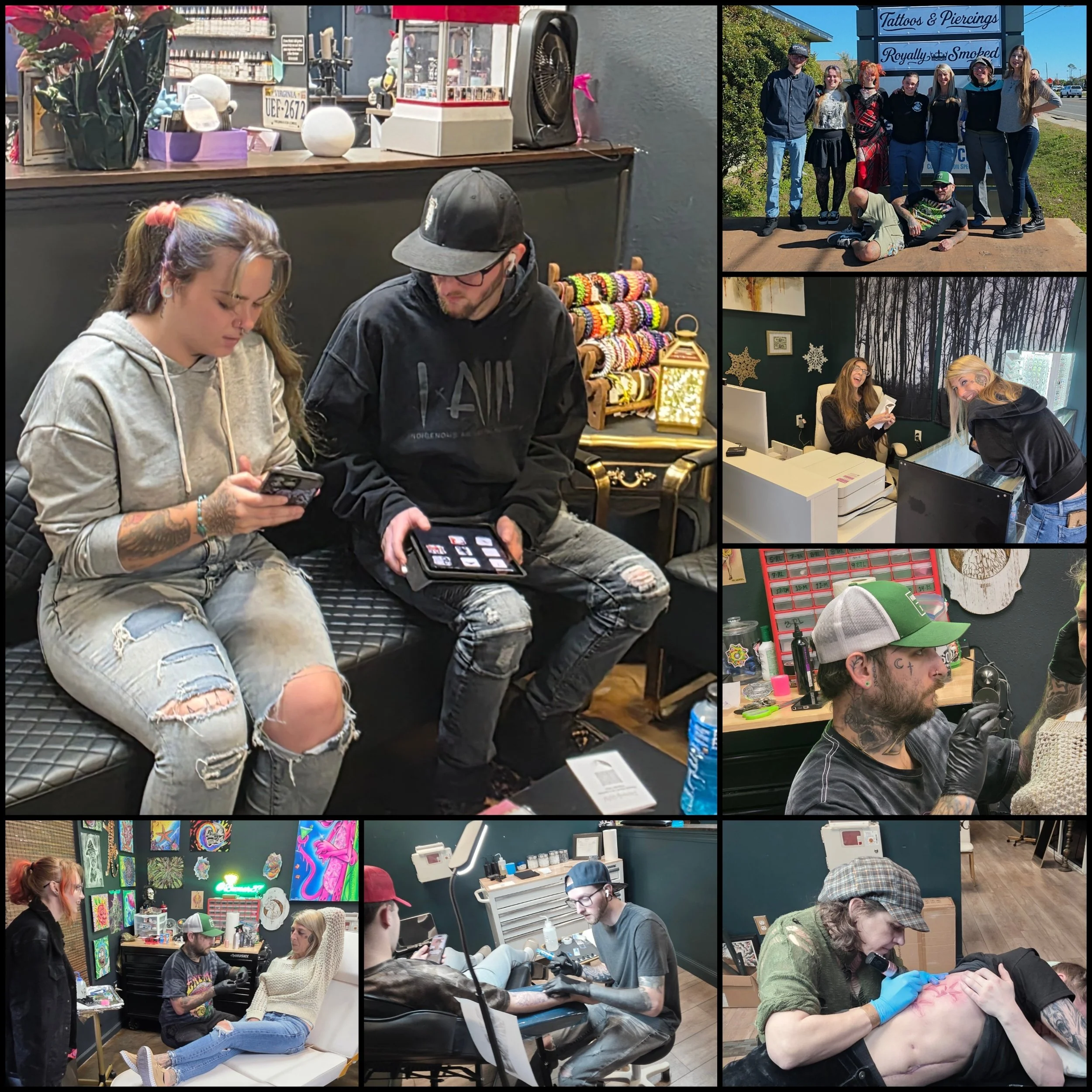 A collage of scenes from a tattoo studio and outdoor tattoo shop. Includes people getting tattooed, tattoo artists working, a group posing outside a tattoo studio, and various tattoo-related artwork and supplies.