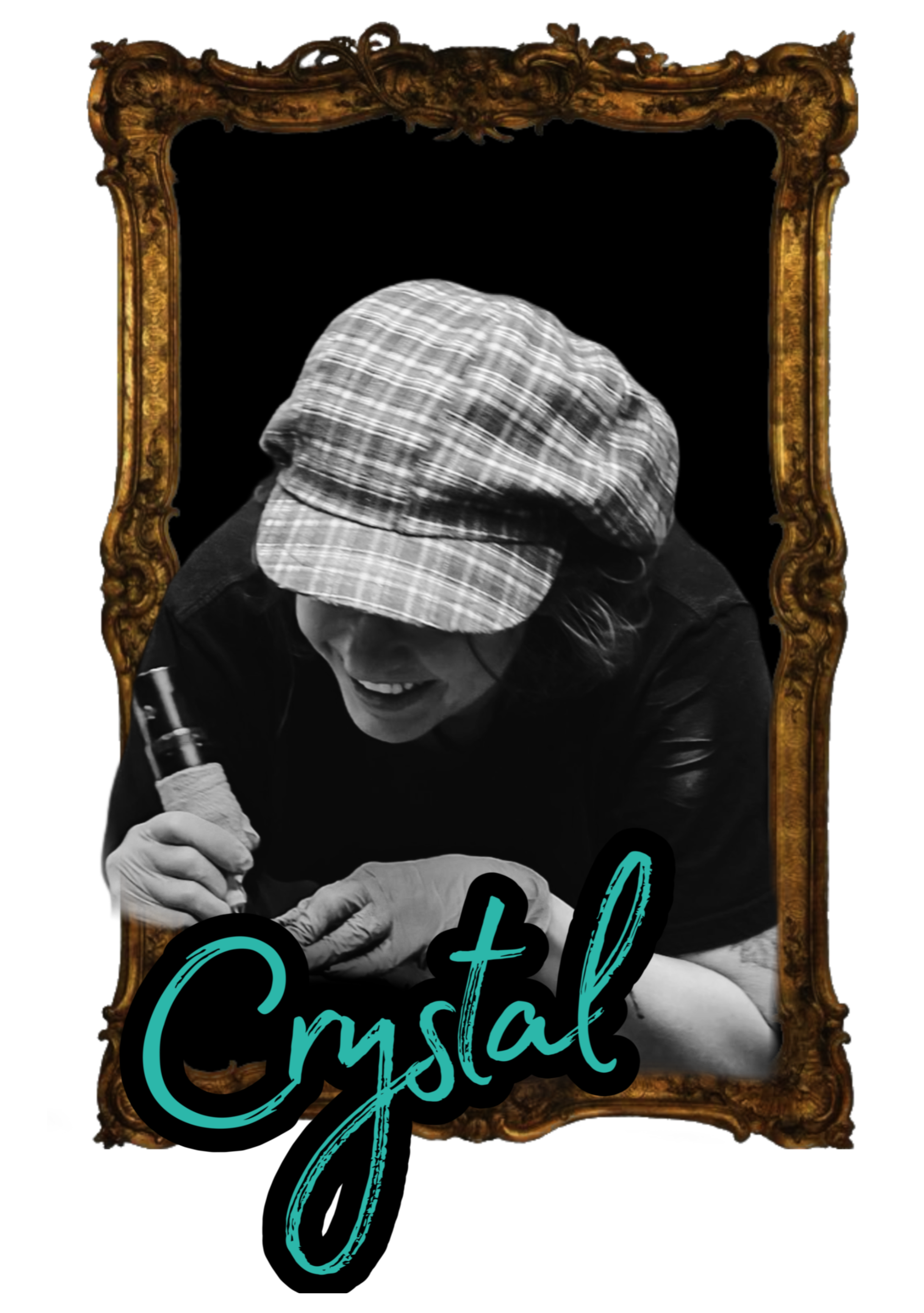 Black and white photograph of Tattoo Artist Crystal Hays framed inside of an ornate gold picture frame. The name "Crystal" appears in stylized font at the bottom of the frame.