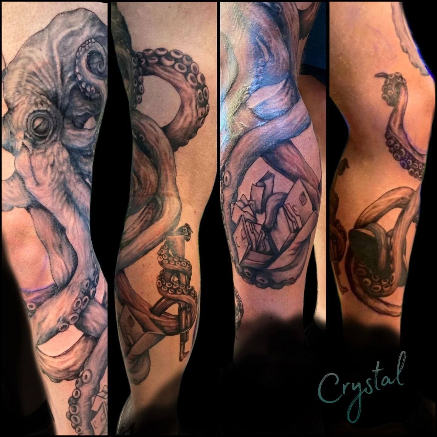 @crystalhaystattoos has been working on this massive #LegTattoo &amp; she finally got to finish it, looks pretty great eh? 
#Kraken #Octopus #BlackandGrey #Realism