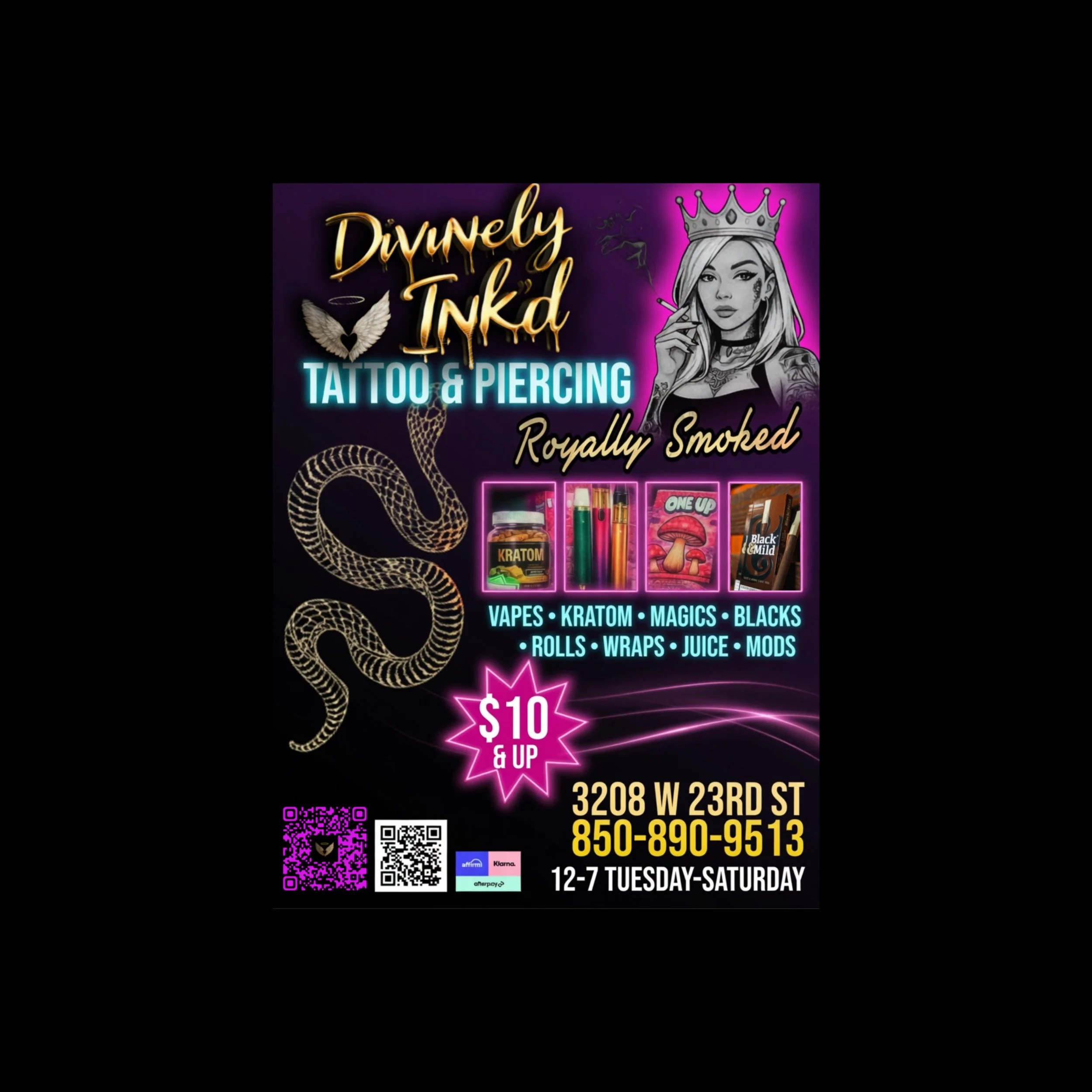 A promotional flyer for a tattoo and piercing shop called Divinely Ink'd featuring black and white artwork of a woman with tattoos, a crown, and a cigarette, with neon-colored text advertising services and contact information.