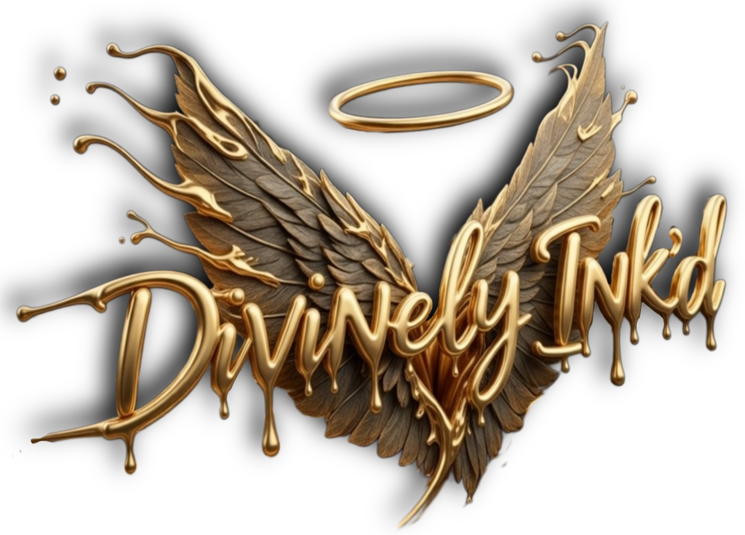 Gold-colored angel wings with a halo above, and the words "Divinely Inked" written in a flowing, gold, ink-like script on a black background.