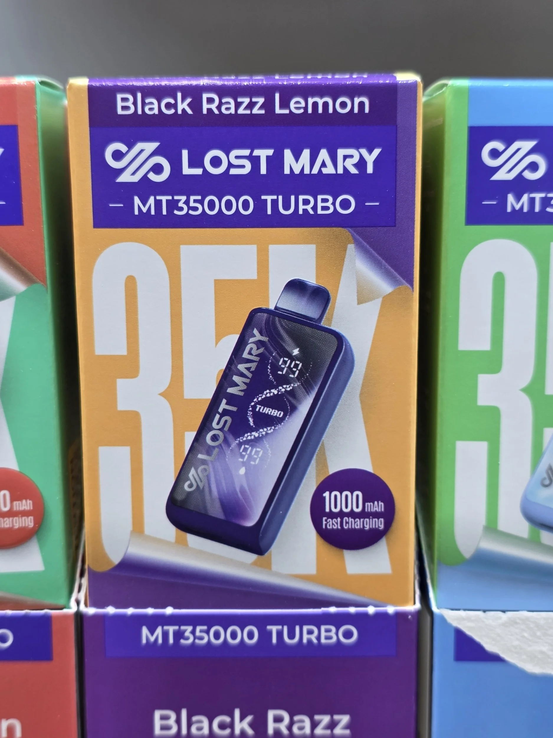 Close-up of a box of Lost Mary, Black Razz Lemon flavor, MT35000 Turbo, 1000mAh fast charging