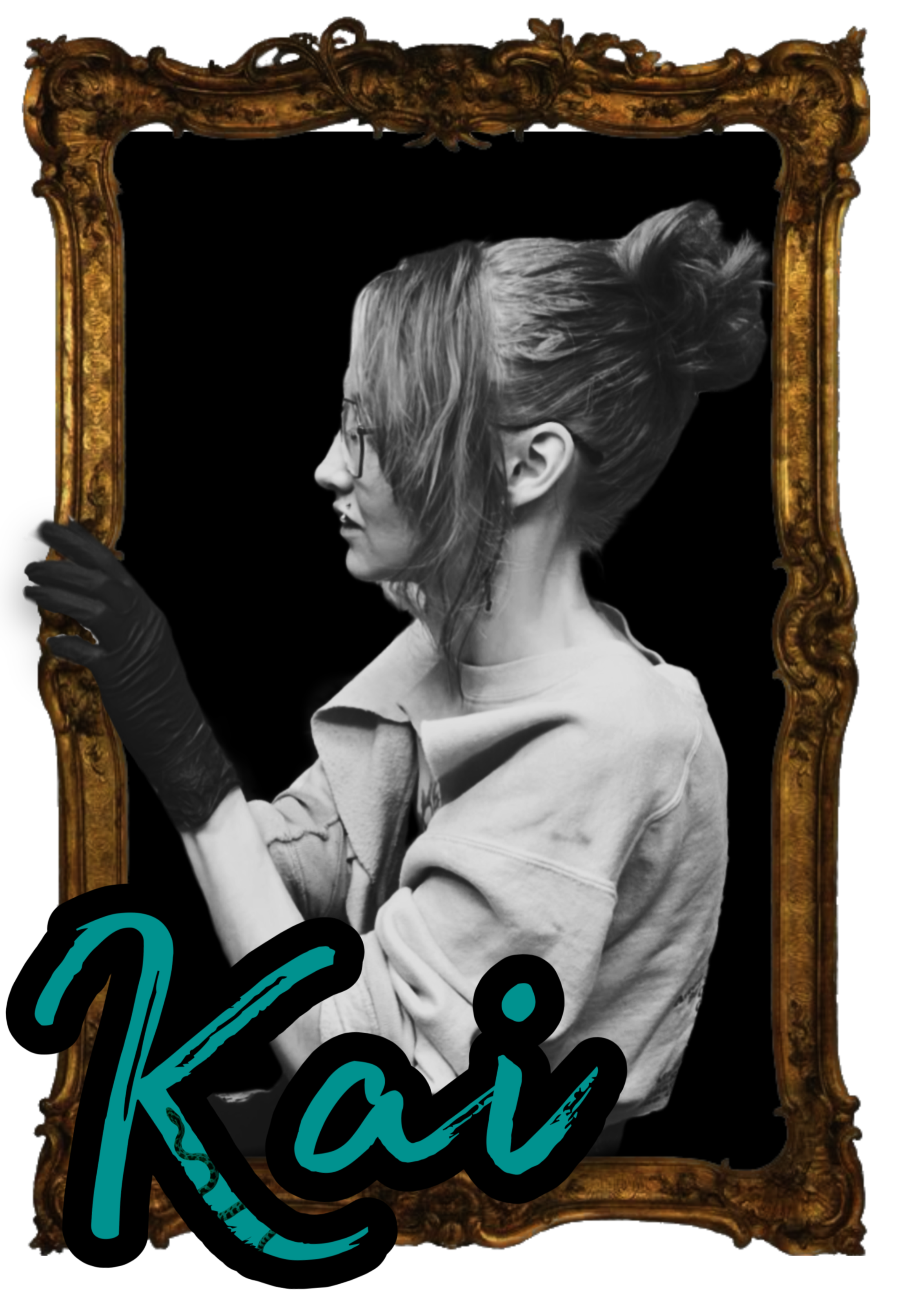 Black and white side profile photograph of tattoo artist and body piercer, Kai Rice. The photo is framed inside of an ornate golden photo frame with name "kai" written at the bottom of the frame.