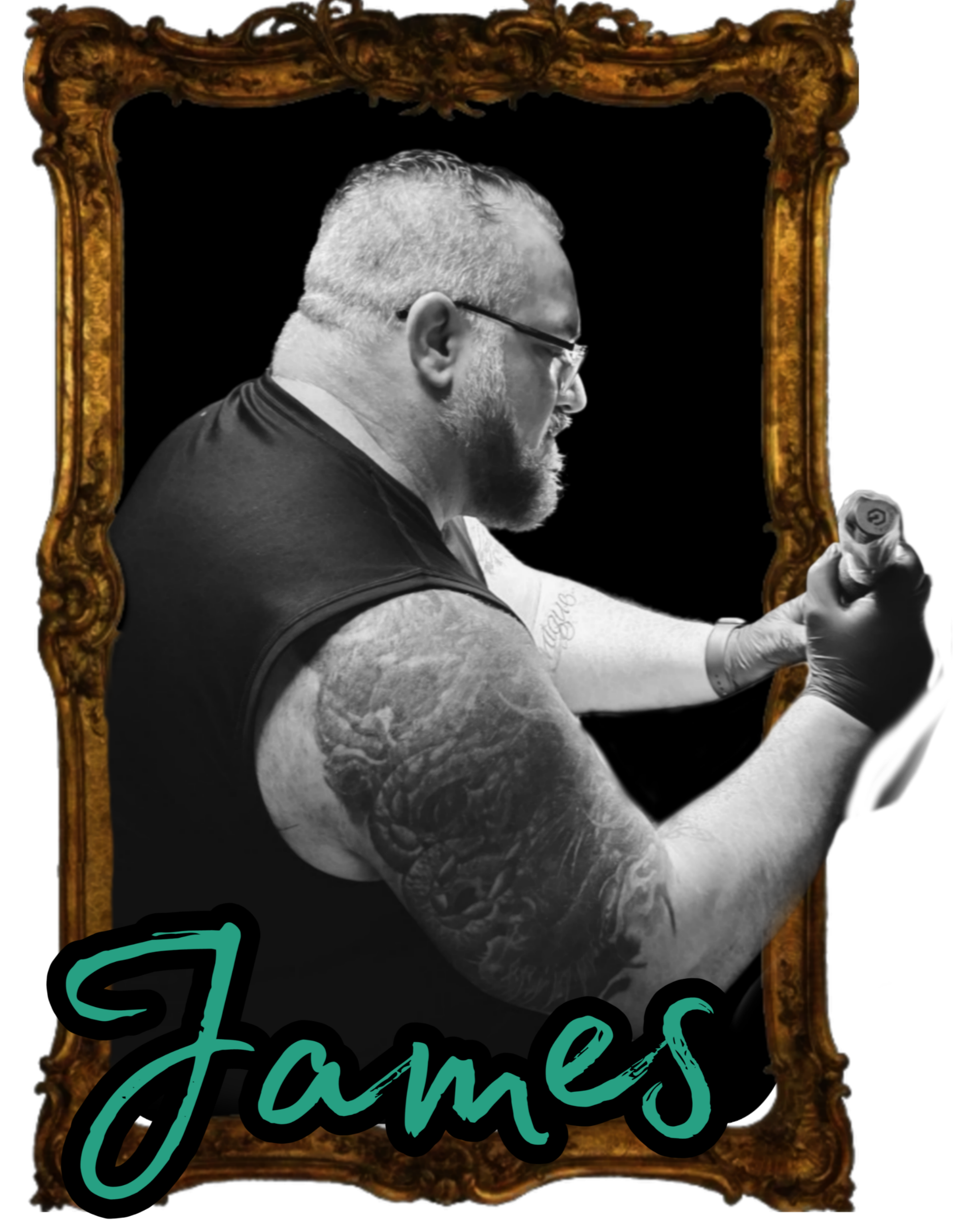 A black and white image of tattoo artist James Moral, appearing to be tattooing inside of a decorative gold frame. The frame says "James' in stylized lettering at the bottom of the frame.