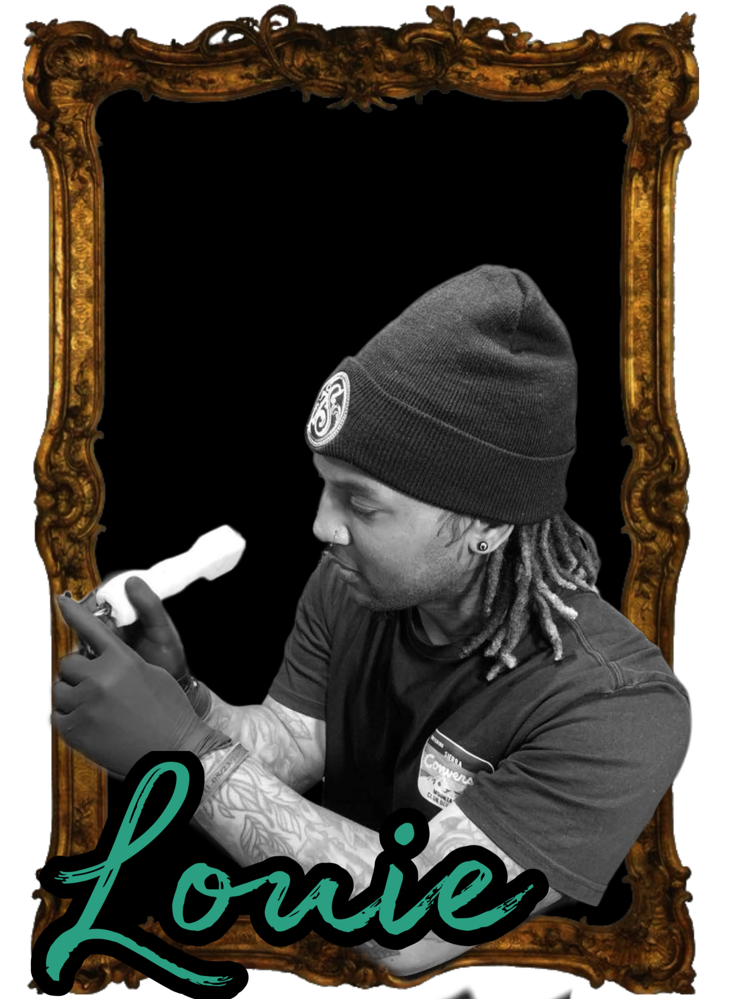 Black & white image of tattoo artist Louie Abbott, tattooing inside of an ornate, gold decorative picture frame, with his name "Louie" appearing in stylized font on the bottom of the frame.