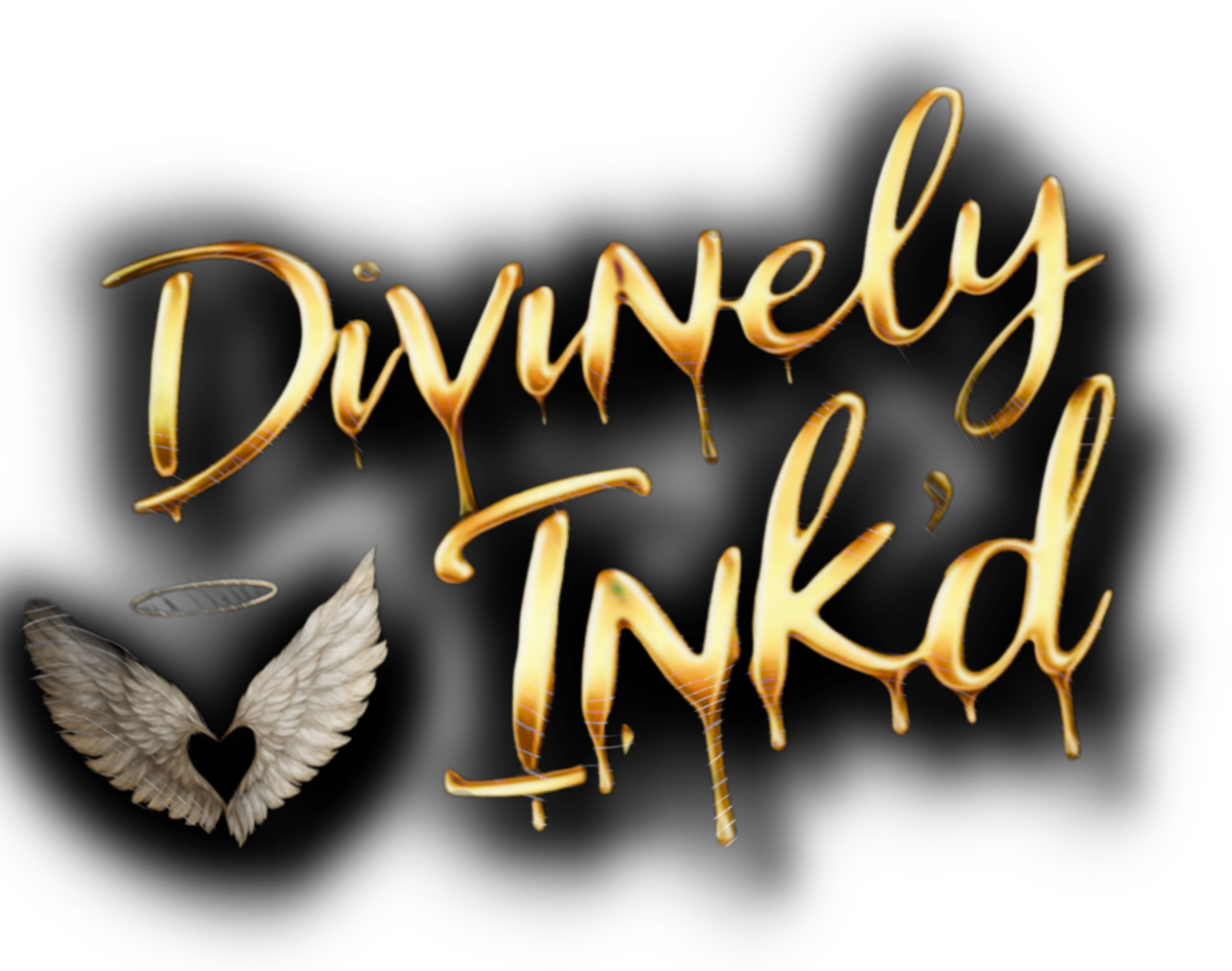 Text that reads 'Divinely Inkd' in stylized, glowing gold letters, with a pair of angel wings forming a heart shape and a halo above the wings, against a black background.