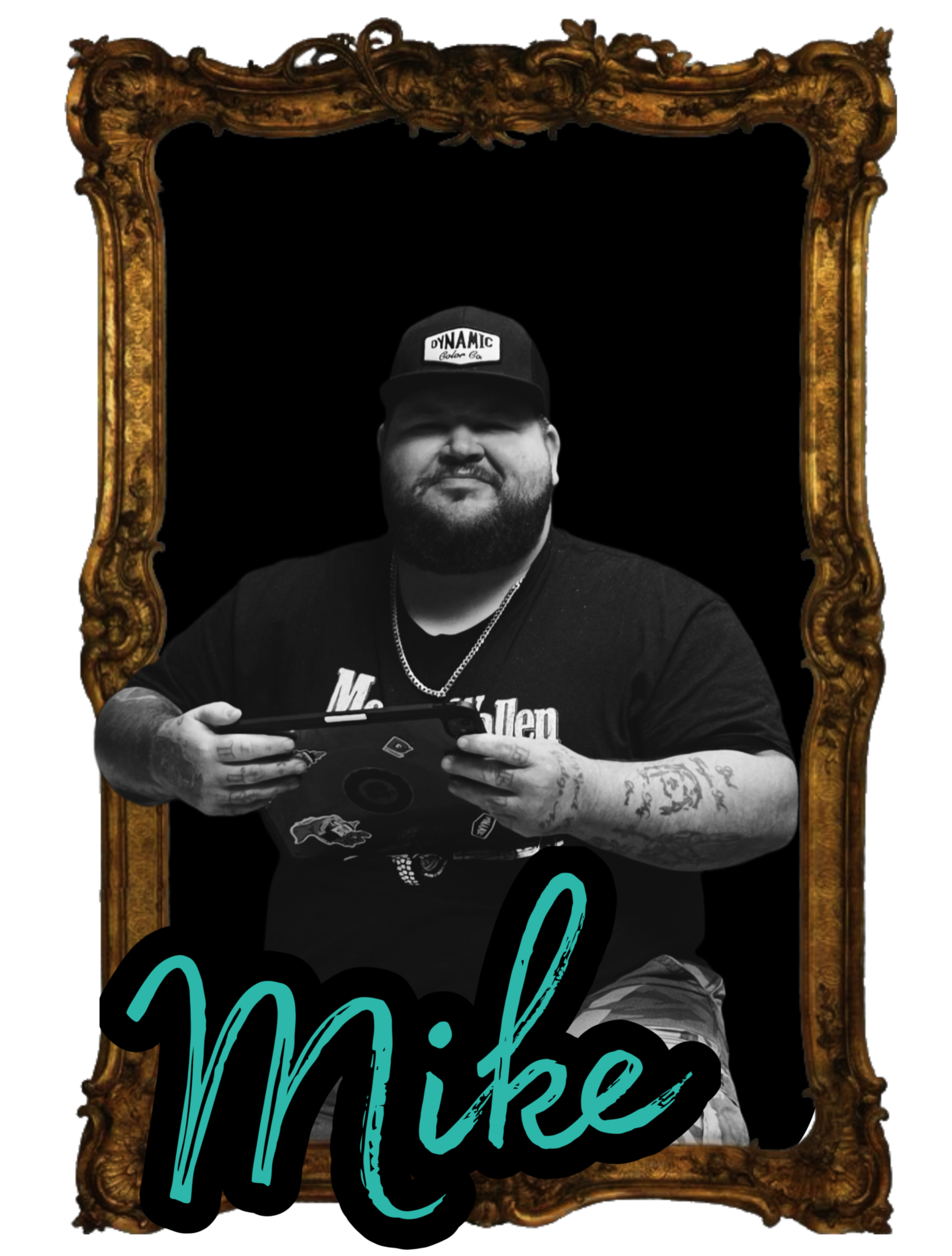 Black and white photo of tattoo artist Mike Burton holding an iPad and smiling, framed inside of an ornate gold photo frame. The name "Mike" is written in stylized font at the bottom of the frame.