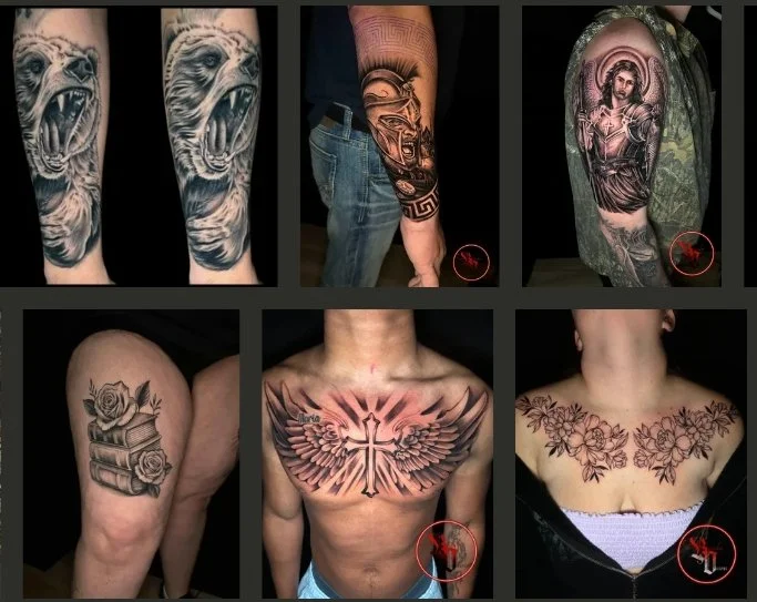 Collection of six tattoos on different body parts, including a roaring bear on the arm, a bear on the wrist, a religious figure on the arm, a rose and books on the shoulder, a cross and wings on the chest, and a floral pattern on the upper chest.