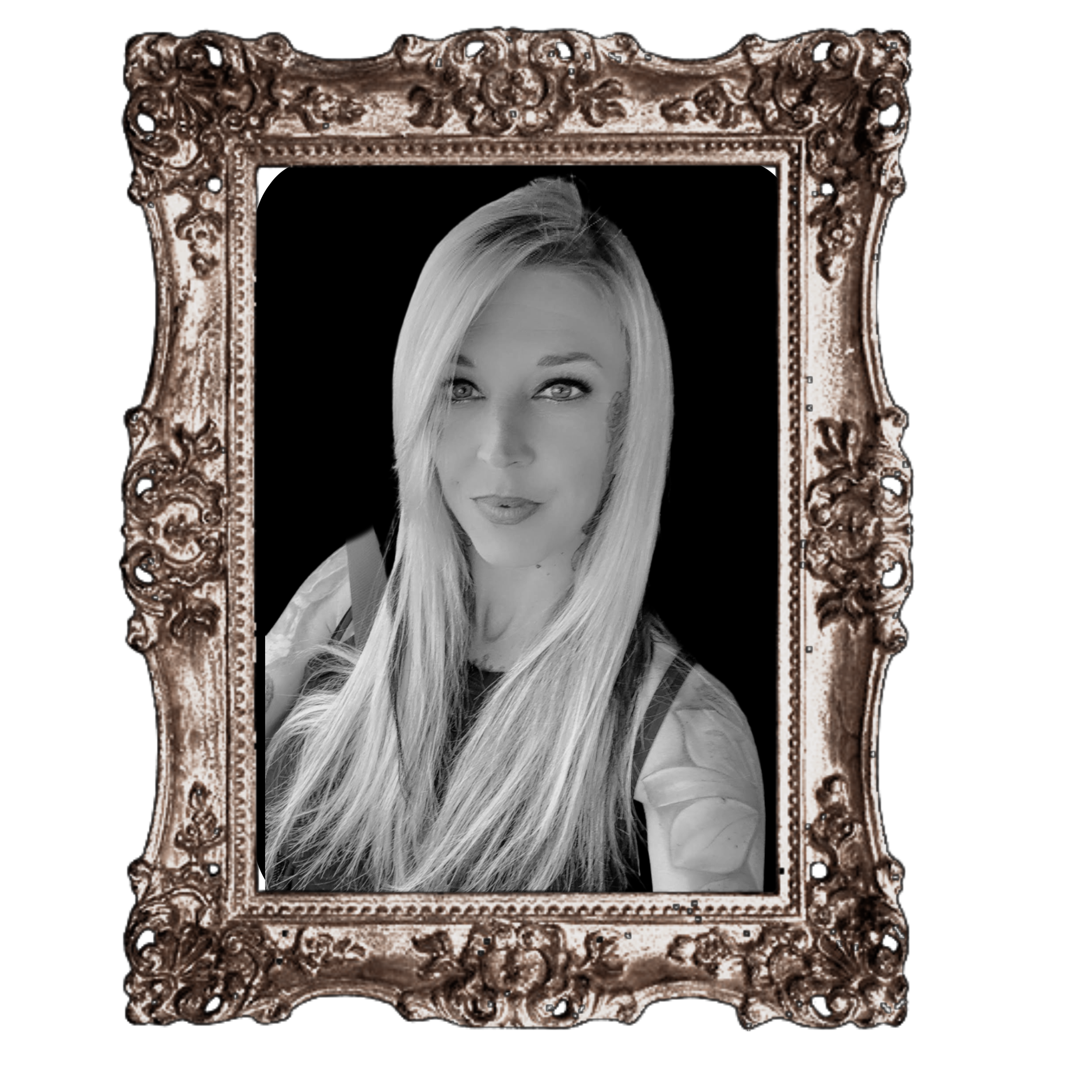 Black and white portrait of Mama Bear with blonde hair framed by an ornate vintage frame.