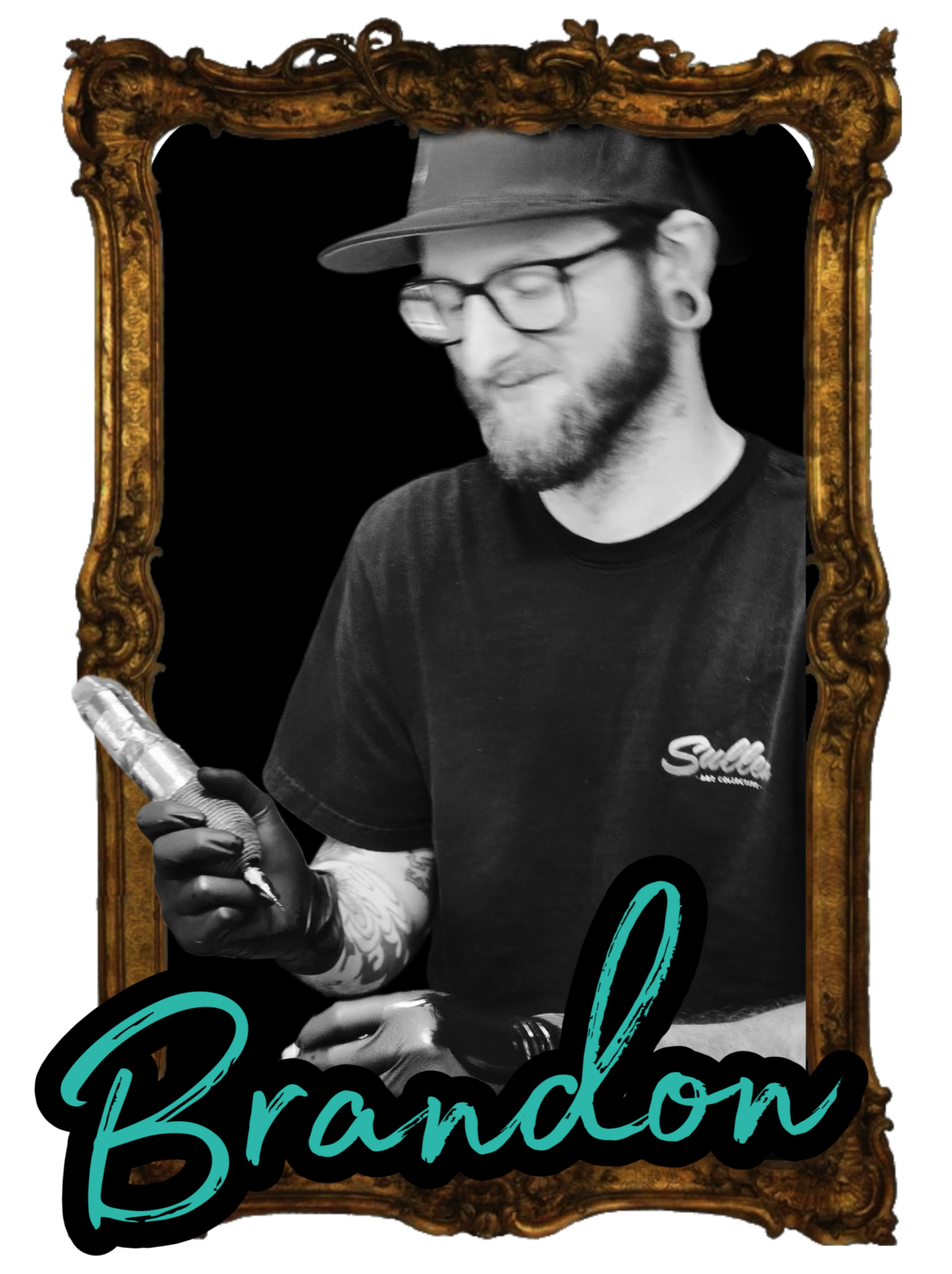 Black and white photo of tattoo artist Brandon Owens, holding a tattoo machine, framed inside of an ornate gold photo frame. The name "Brandon" appears in stylized font at the bottom of the frame.