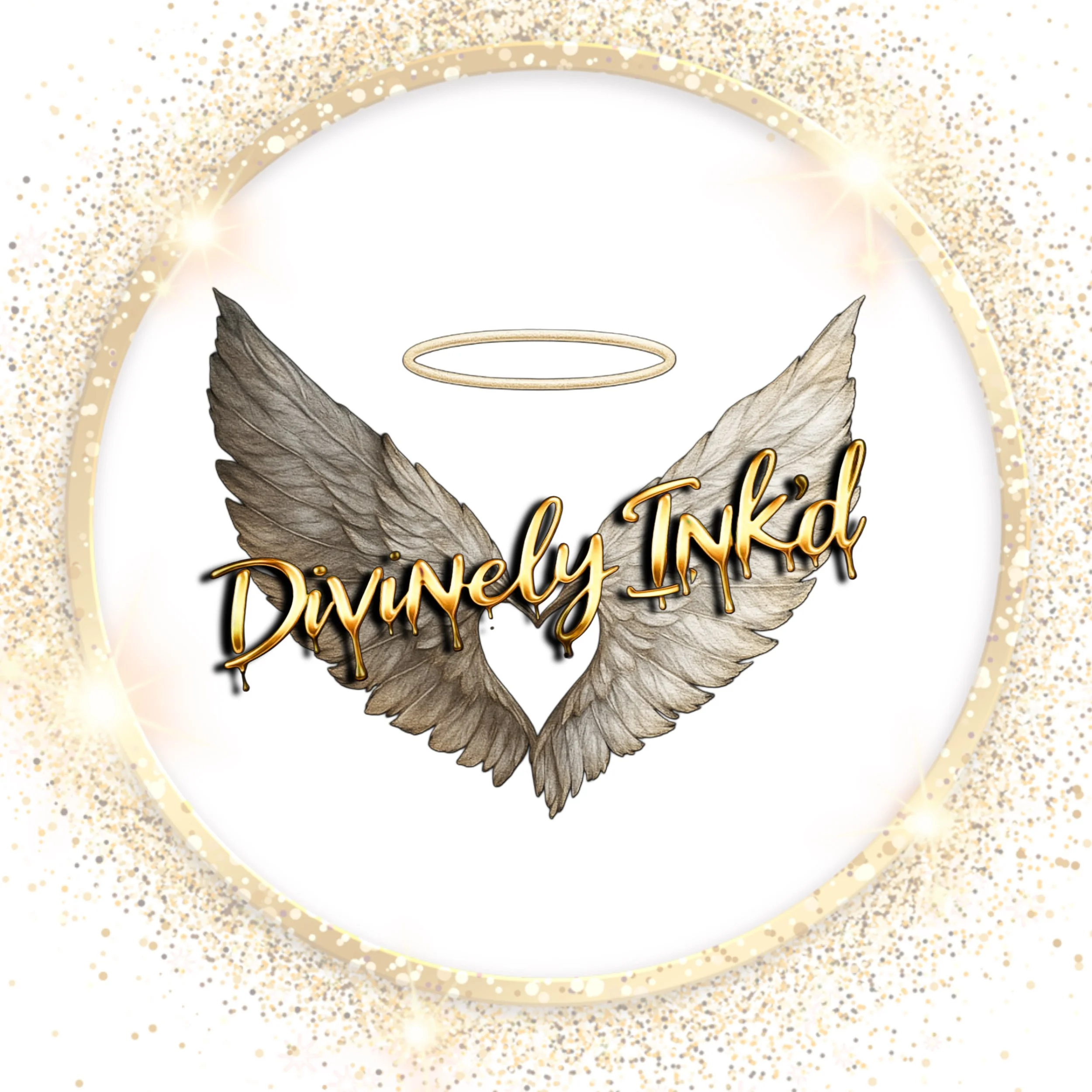 A logo with gray angel wings, a gold halo above, and the text 'Divinely Inked' in gold script across the wings, surrounded by a glittery gold circular border.