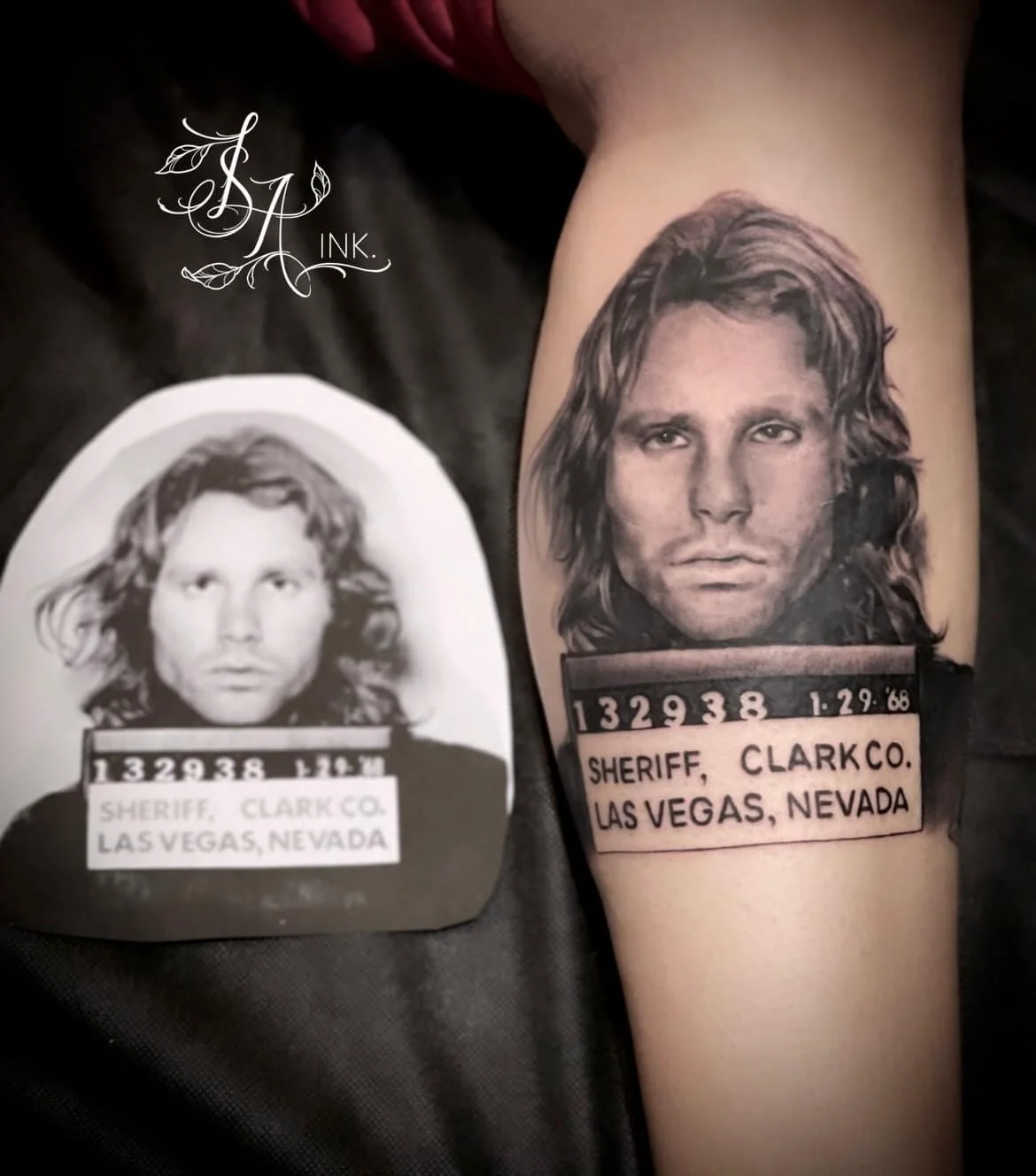 Black and grey portrait tattoo of Jim Morrison with reference photo placed beside it.