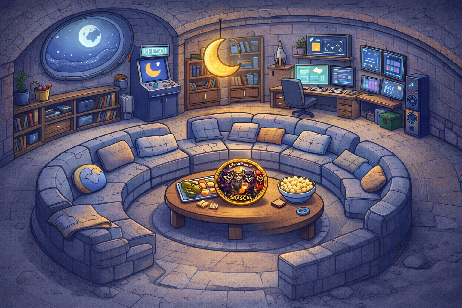 Illustration of a cozy game room inside a stone building with a large sectional sofa arranged in a circle around a low table. The table features a game container labeled 'Moon Rascal' with three raccoons in wizard outfits, a bowl of popcorn, and snacks. The room has a large window showing a night sky with the moon and stars, and various wall decorations including a crescent moon light, a bookshelf, game cabinets, and multiple computer monitors on a desk.