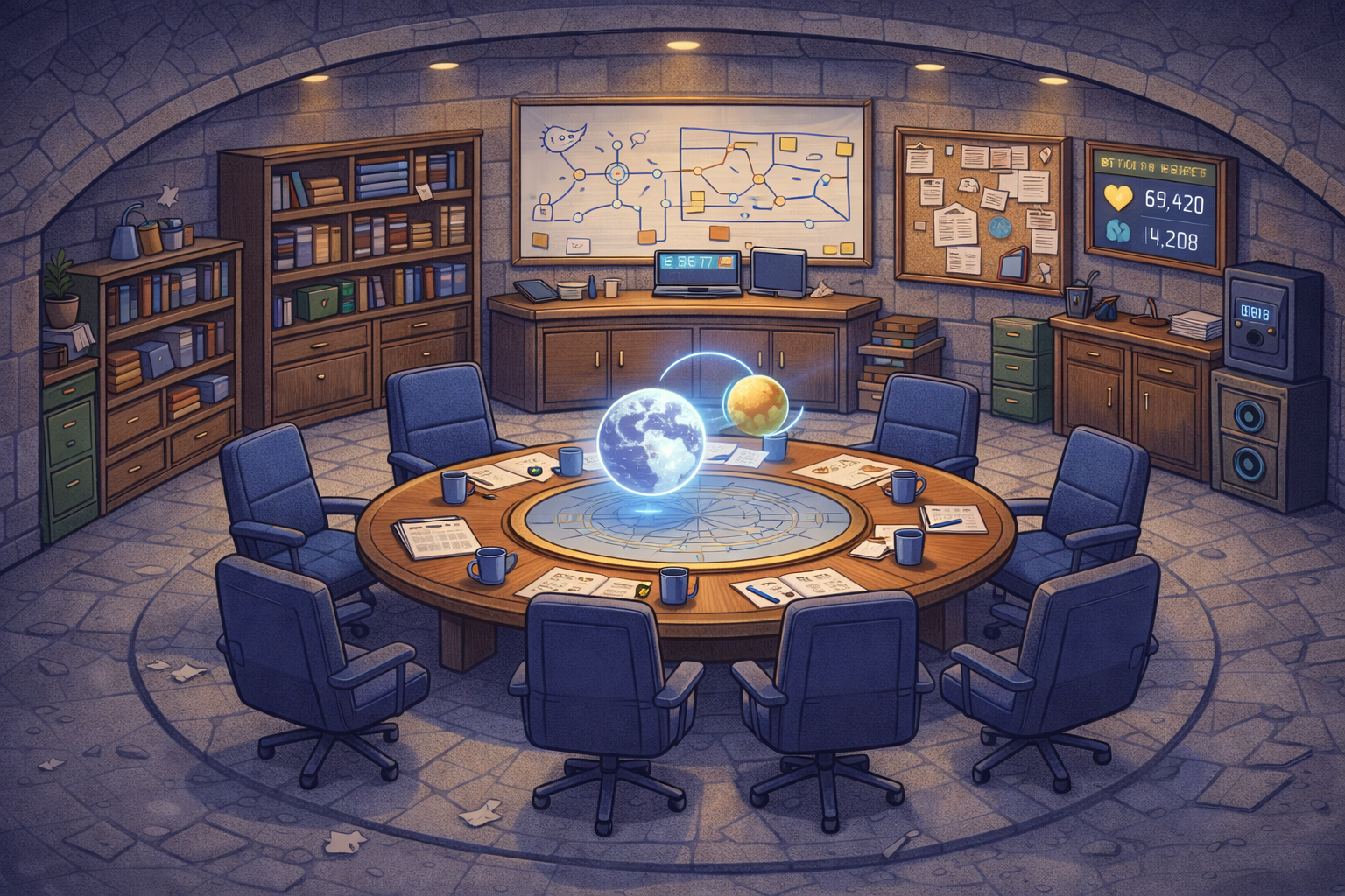 A fantasy-style conference room with a circular wooden table surrounded by nine chairs. On the table, there is a digital hologram of Earth and a smaller celestial body, along with papers, notebooks, and coffee mugs. The background features bookshelves, bulletin boards, and digital screens displaying statistics and charts. The room has a stone floor and arched ceiling, giving it a cozy, subterranean appearance.