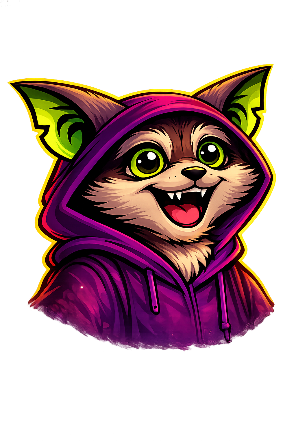 Cartoon illustration of a cute, anthropomorphic animal character with large green eyes, fanged teeth, wearing a purple hoodie with green ears and inner ears, smiling brightly against a yellow background.
