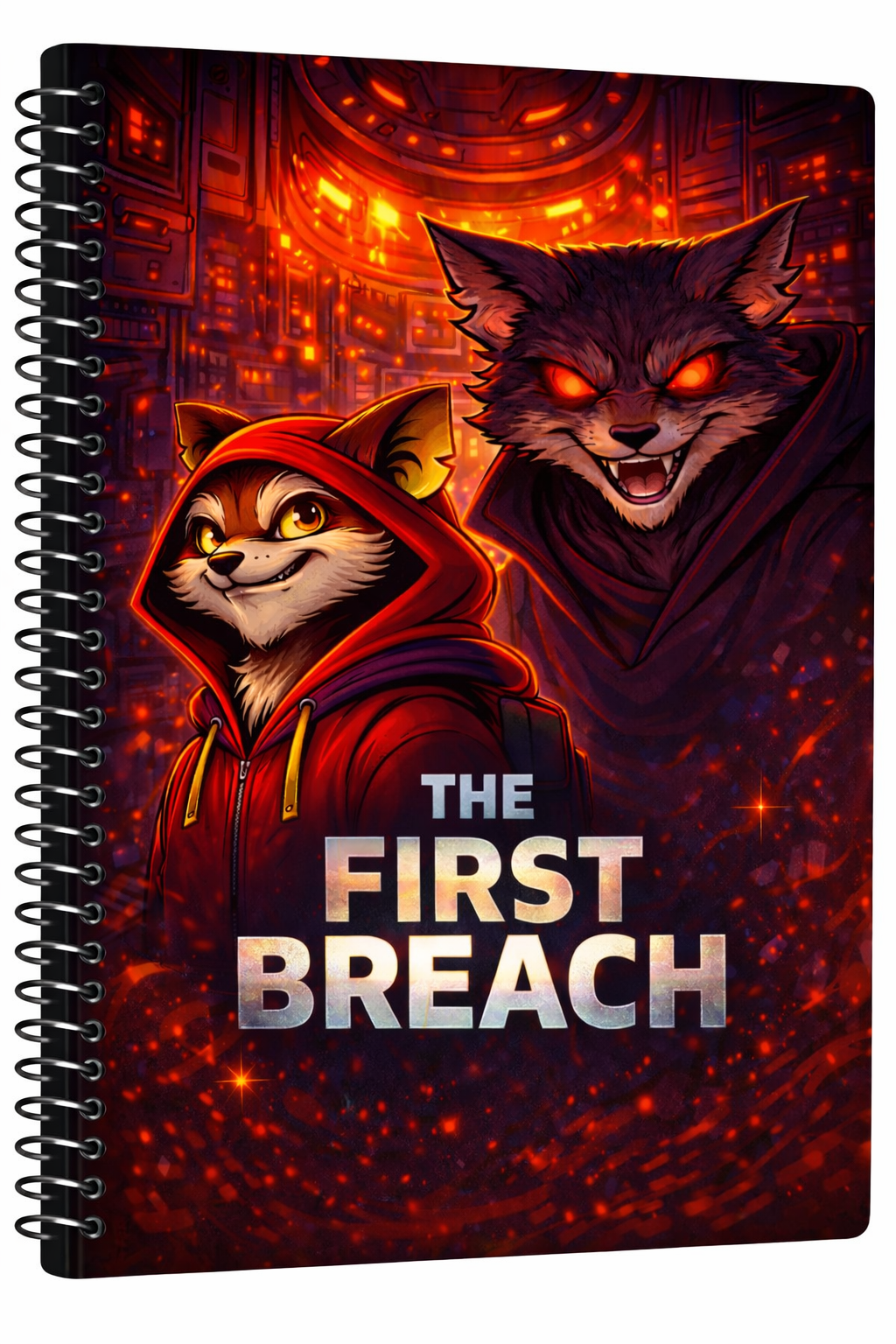 A digital illustration of two anthropomorphic animal characters with a fiery, futuristic background, featuring a fox wearing a red hoodie and a wolf with glowing red eyes, and the text "The First Breach".