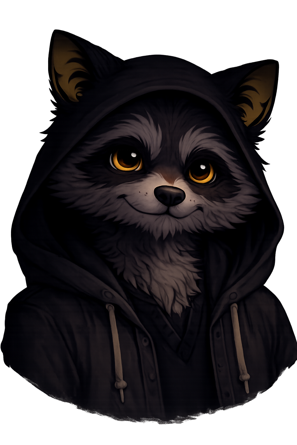 A cartoon raccoon wearing a black hoodie with yellow eyes and a slight smile.