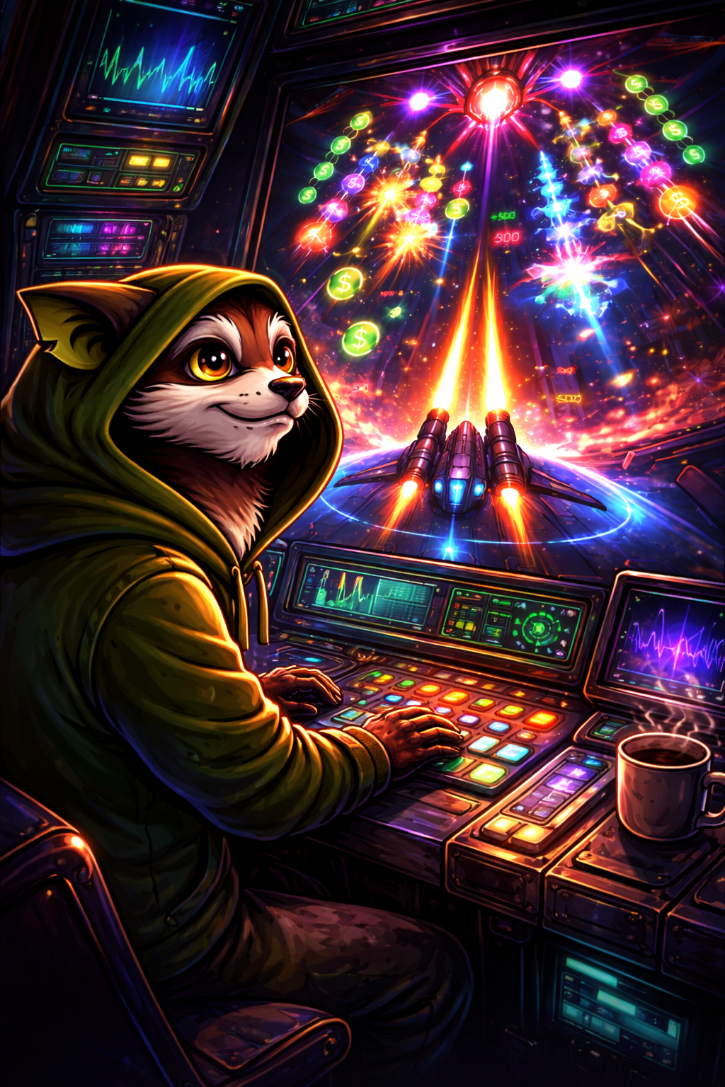 A colorful digital illustration of a cat in a hoodie playing a spaceship cockpit video game, with a space battle scene on multiple screens.