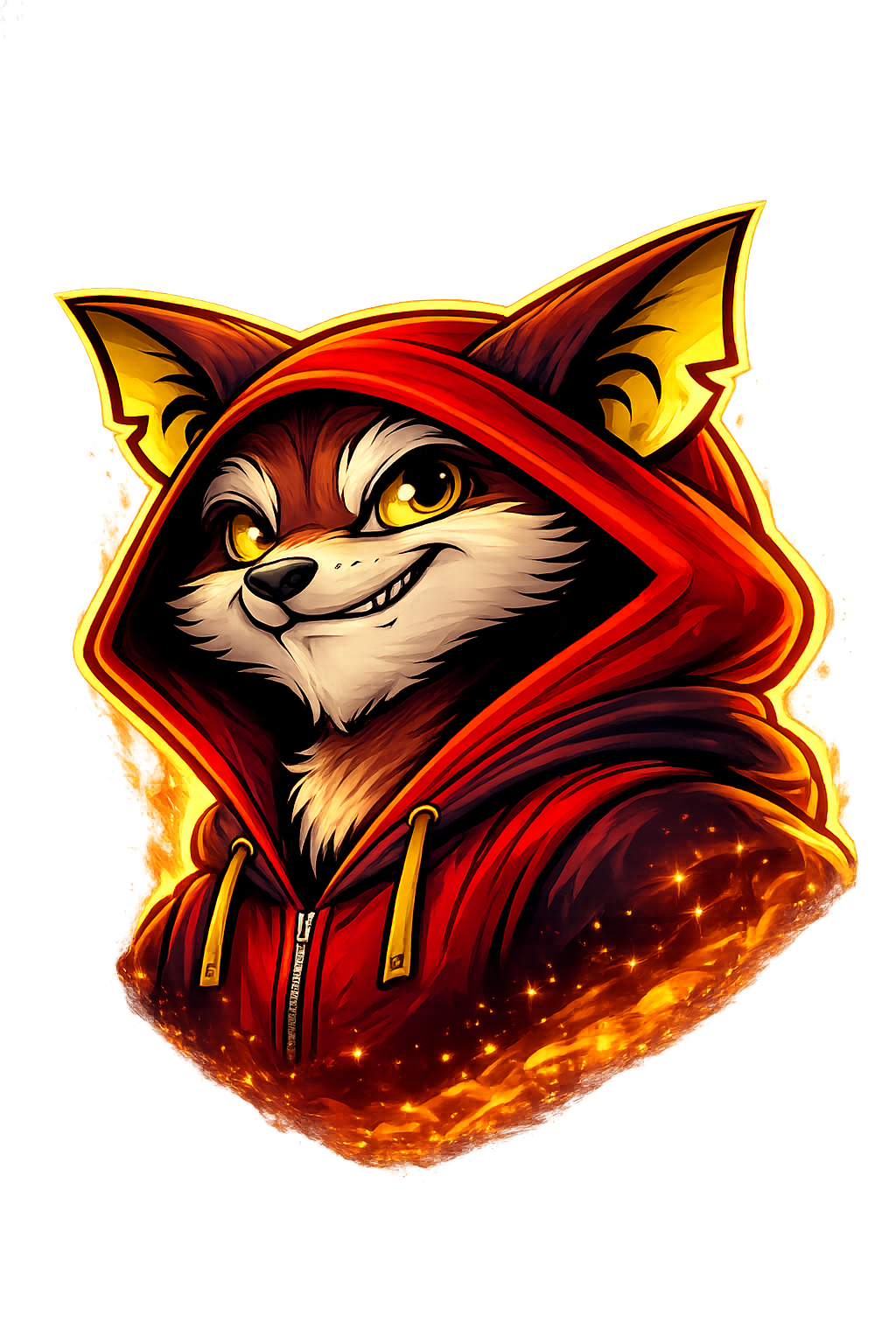 Animated fox wearing a red hooded jacket with yellow drawstrings, smirking with a confident expression, surrounded by flames