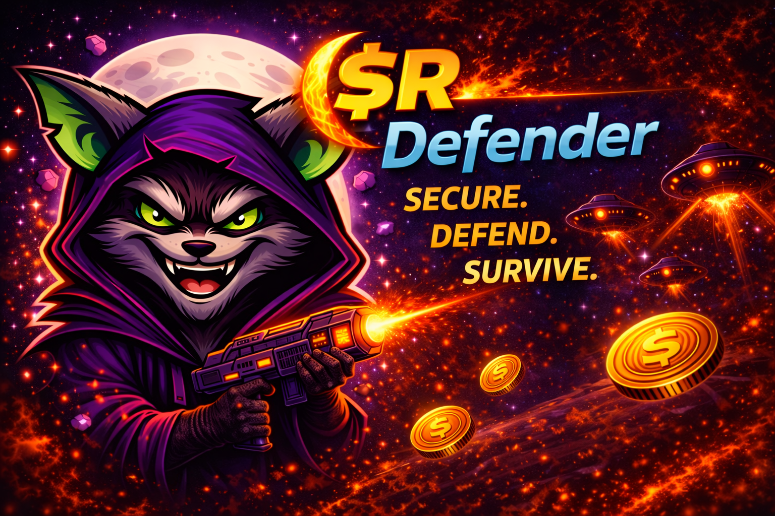 A fierce, cartoon-style wolf with purple and green fur, wearing a black hooded cloak, holding a futuristic laser gun with a determined expression, set against a cosmic background with planets, UFOs, and floating gold coins. Text reads '$SR Defender' and 'Secure. Defend. Survive.'