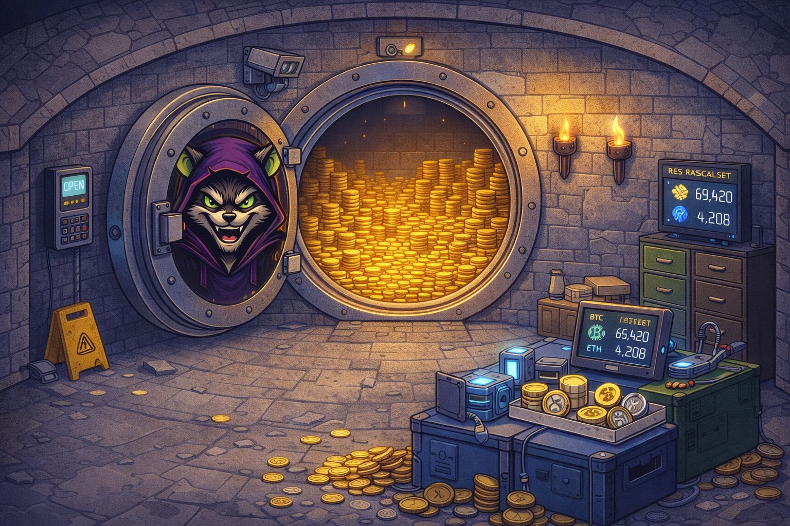 A digital illustration of a treasure vault with a wolf wearing a hoodie peeking out from a vault door. Inside the vault is a large stash of gold coins. The room has stone walls, torches, a security camera, and a digital display showing cryptocurrency information and balances. Coins are scattered on the floor and stacked on surfaces.