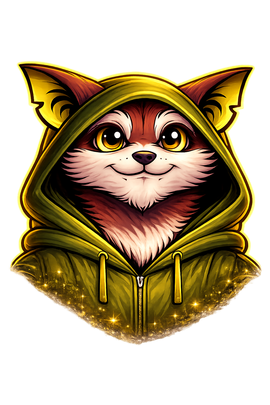 Digital illustration of a cute feline character wearing a green hoodie, with glowing yellow accents and sparkles in the hoodie.
