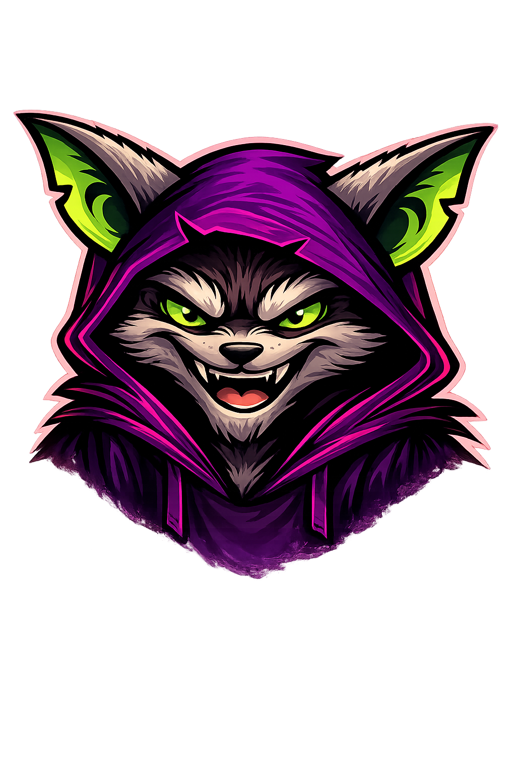 Digital illustration of a menacing wolf with glowing green eyes, sharp teeth, wearing a purple hooded cloak, set against a dark background.