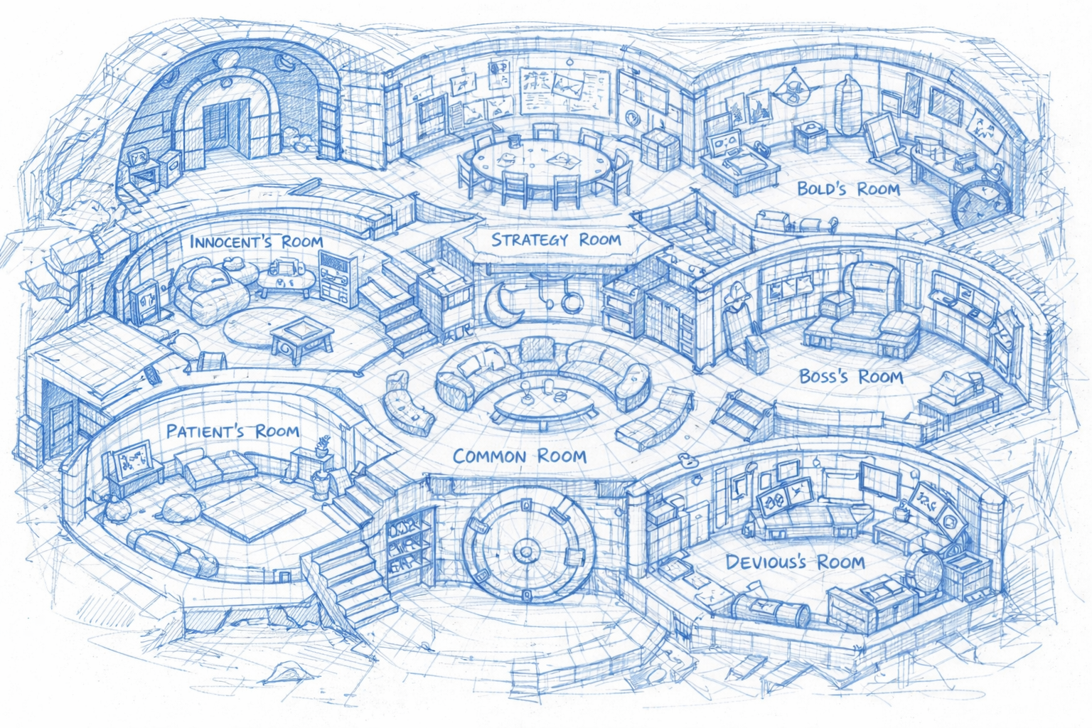 Blueprint of a building with rooms labeled as Innocent's Room, Patient's Room, Strategy Room, Bold's Room, Boss's Room, Devious's Room, and a Common Room in the center. The layout includes stairs, desks, beds, and various pieces of furniture, all drawn in blue ink.