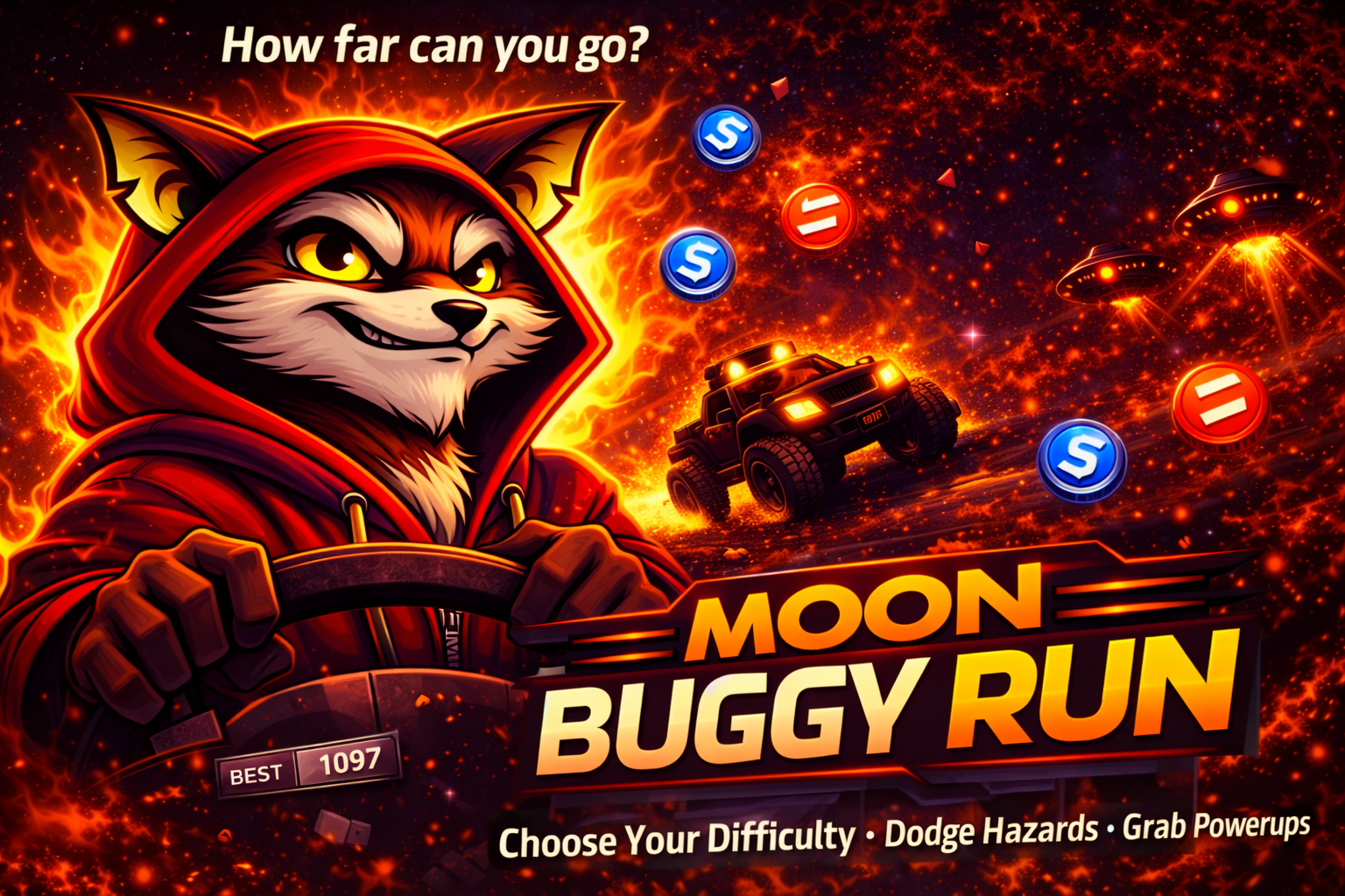 Futuristic space-themed game title screen for "Moon Buggy Run" featuring a cartoon fox in a red hoodie driving a moon rover, surrounded by planets, stars, UFOs, and glowing coins and power-ups, with text prompting "How far can you go?" and options to choose difficulty, dodge hazards, and grab power-ups.
