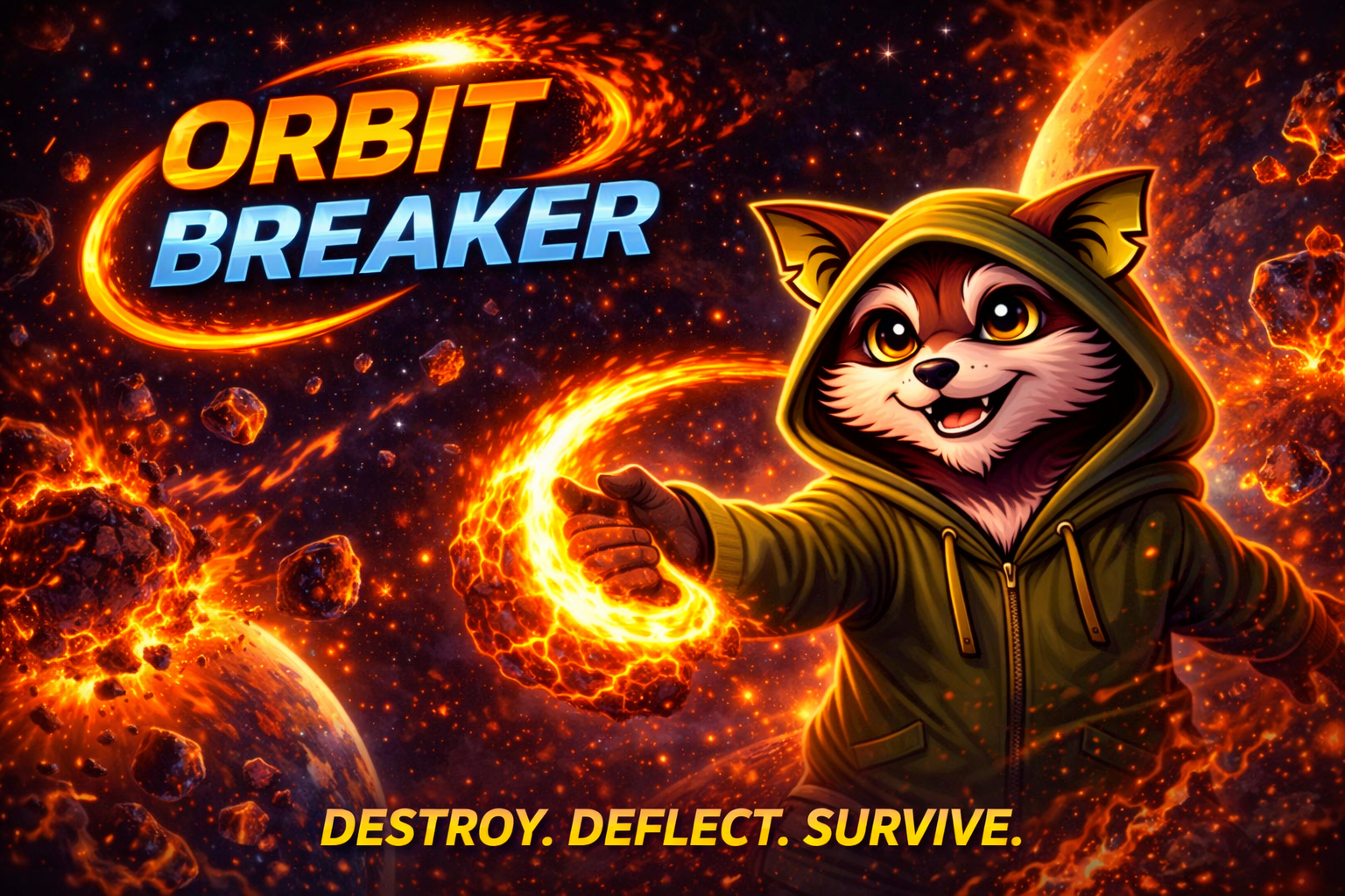 A cartoon raccoon in a hoodie in space, surrounded by planets and fiery asteroid debris, with the title "Orbit Breaker" and the slogan "Destroy. Deflect. Survive."