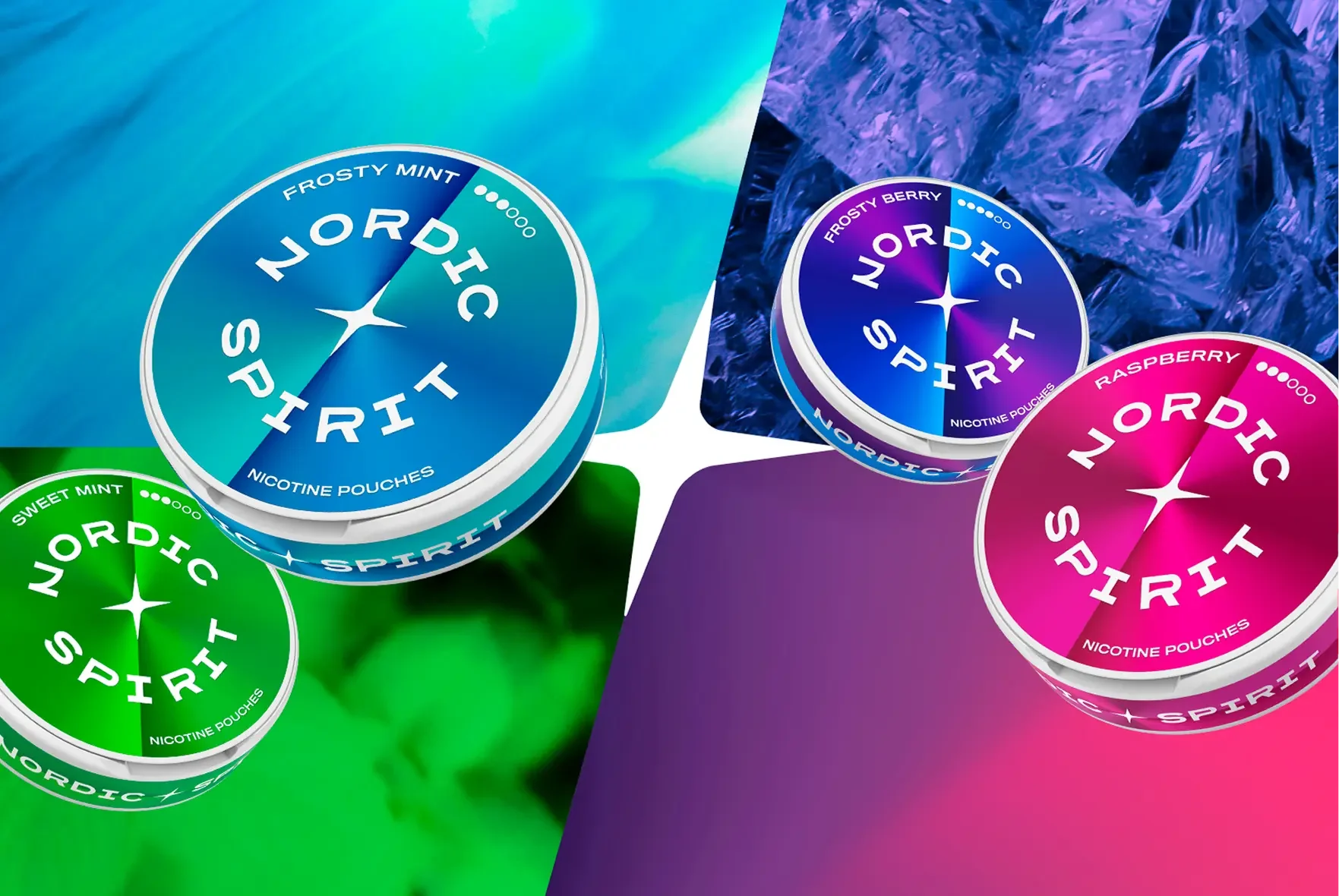 Colorful display of four Nordic Spirit nicotine pouches in round containers with different flavors: Frosty Mint in green, Frosty Mint in blue, Frosty Berry in purple, and Raspberry in pink, set against vibrant backgrounds matching each flavor.