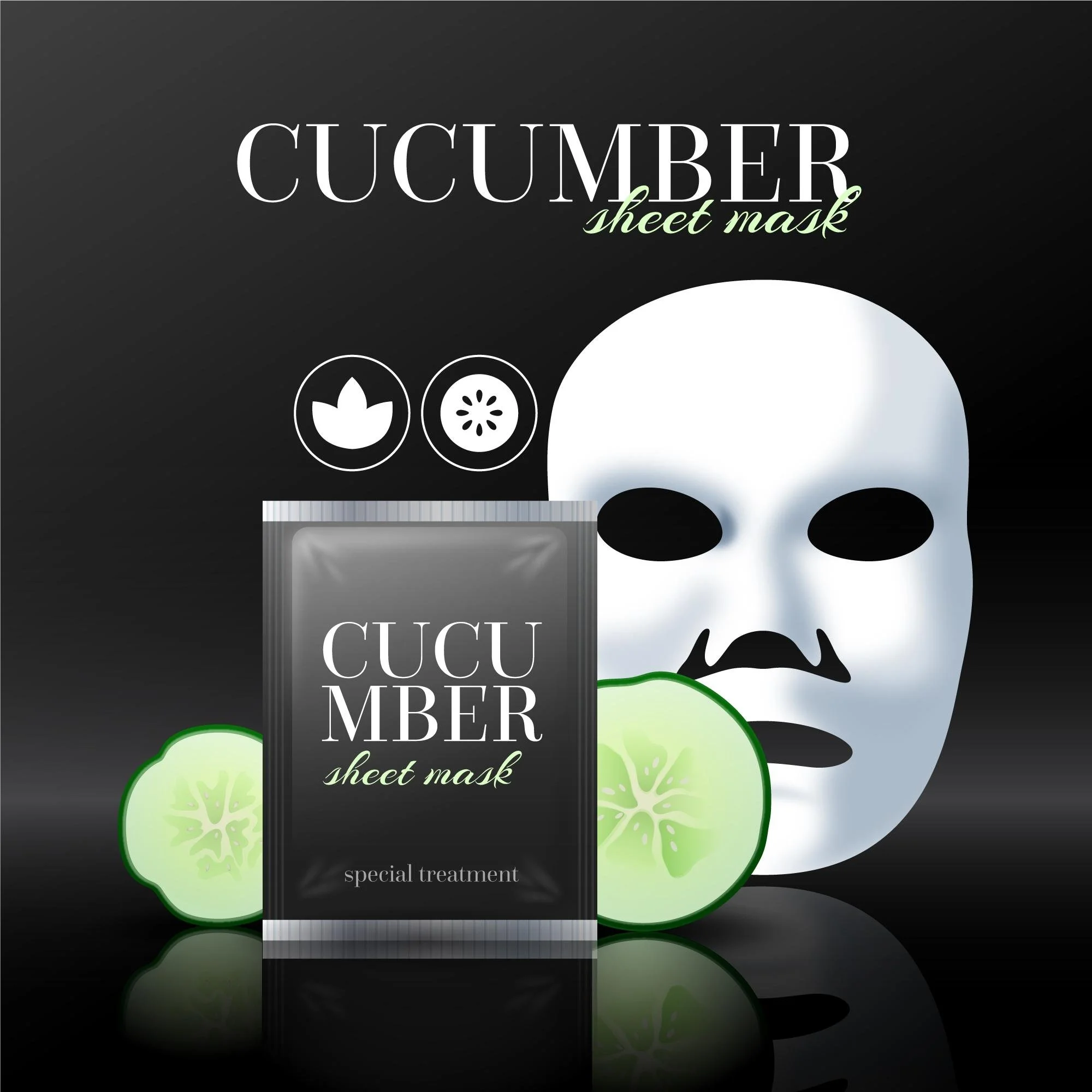 Packaging of a cucumber sheet mask with a background that includes a stylized white mask and cucumber slices, along with icons of a leaf and cucumber, and the text 'Cucumber sheet mask' and 'special treatment'.