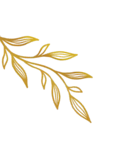 Golden leaf branch illustration in the bottom left corner of a black background.