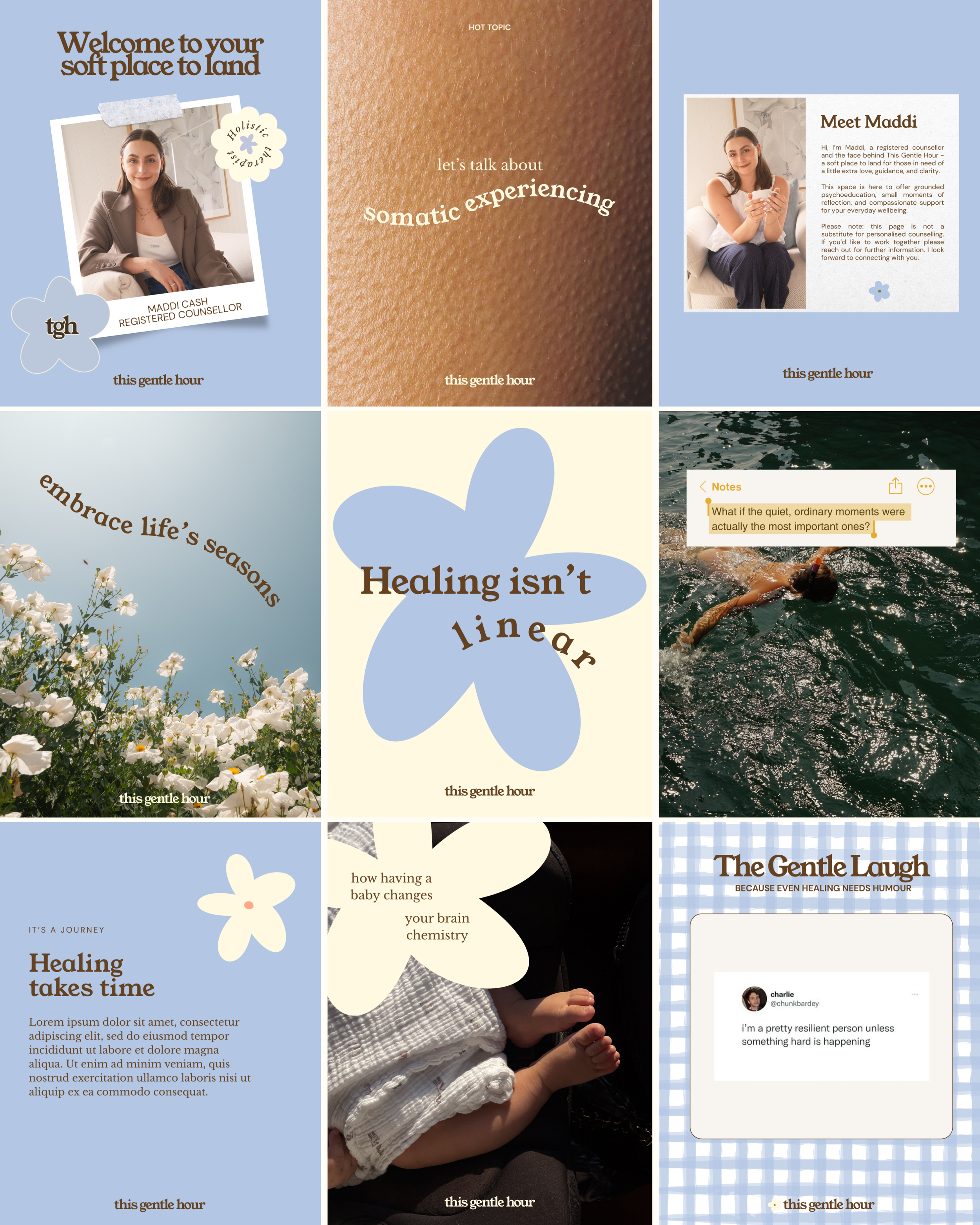 Collage of motivational and calming messages with photos of a woman, flowers, water, and a baby, featuring pastel blue, brown, and beige colors.