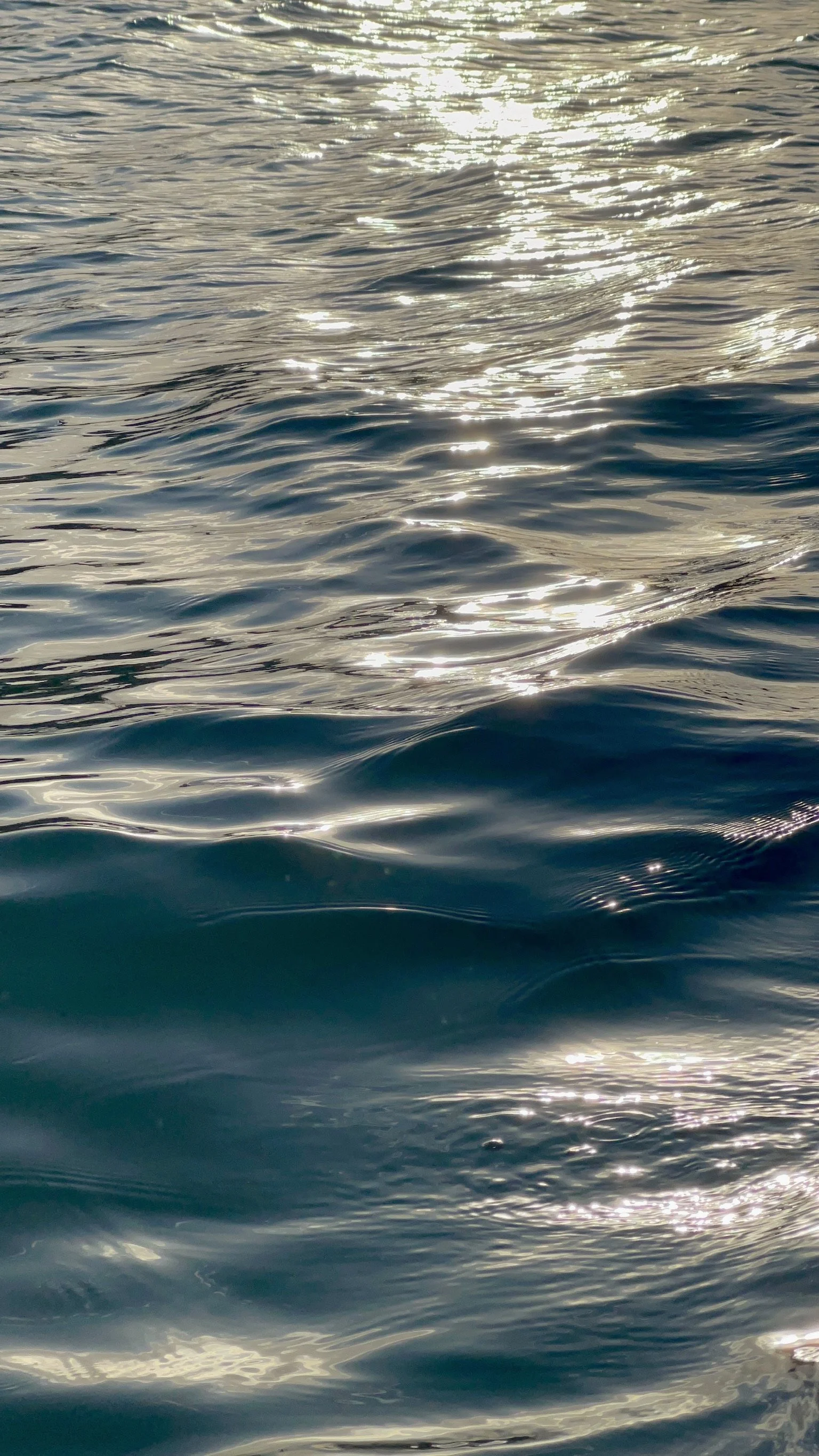 Close-up of shimmering ocean water with gentle waves and sunlight reflecting off the surface.