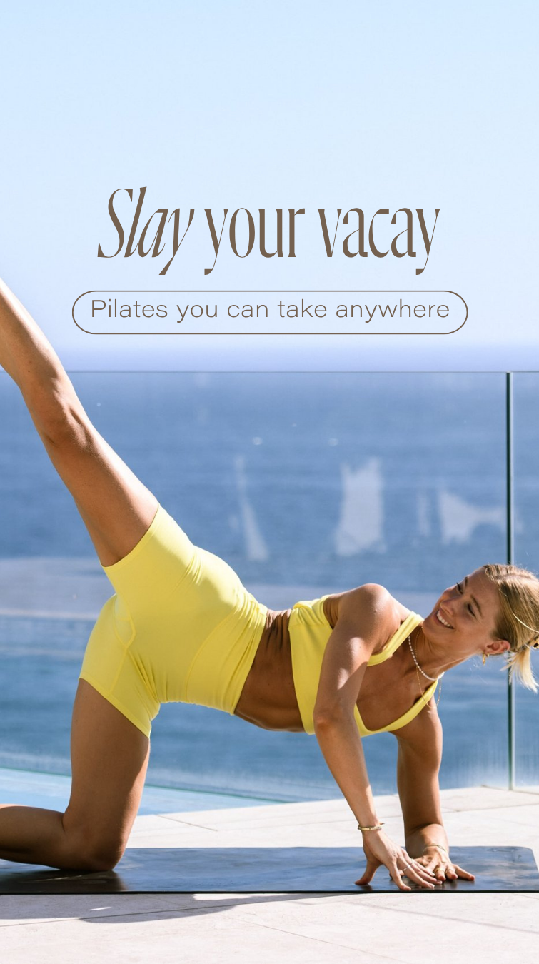 A woman practicing Pilates outdoors near a pool, wearing a yellow sports bra and shorts, performing a side plank pose.